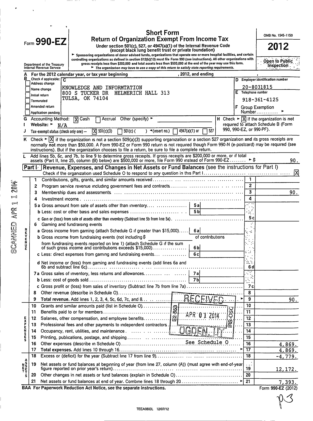 Image of first page of 2012 Form 990EZ for Knowledge and Information Professional Association