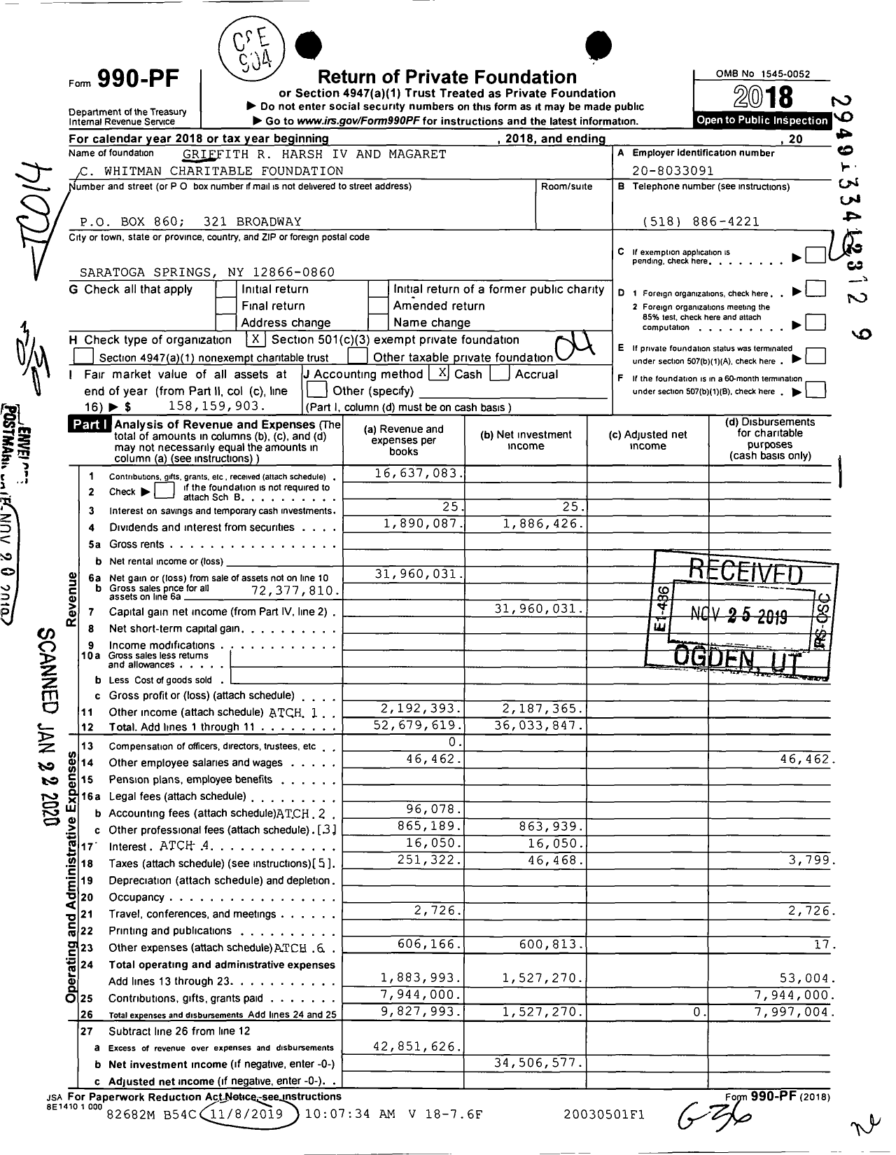 Image of first page of 2018 Form 990PF for Griffith R. Harsh IV and Margaret Cwhitman Charitable Foundation