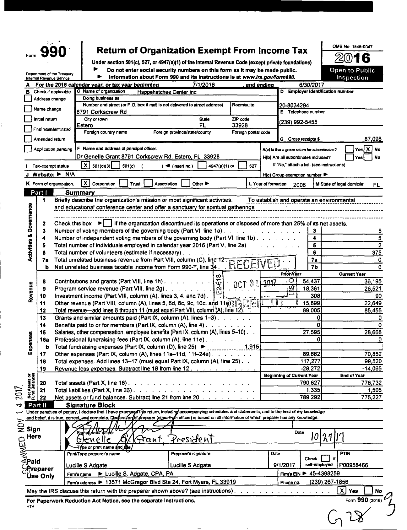 Image of first page of 2016 Form 990 for Happehatchee Center