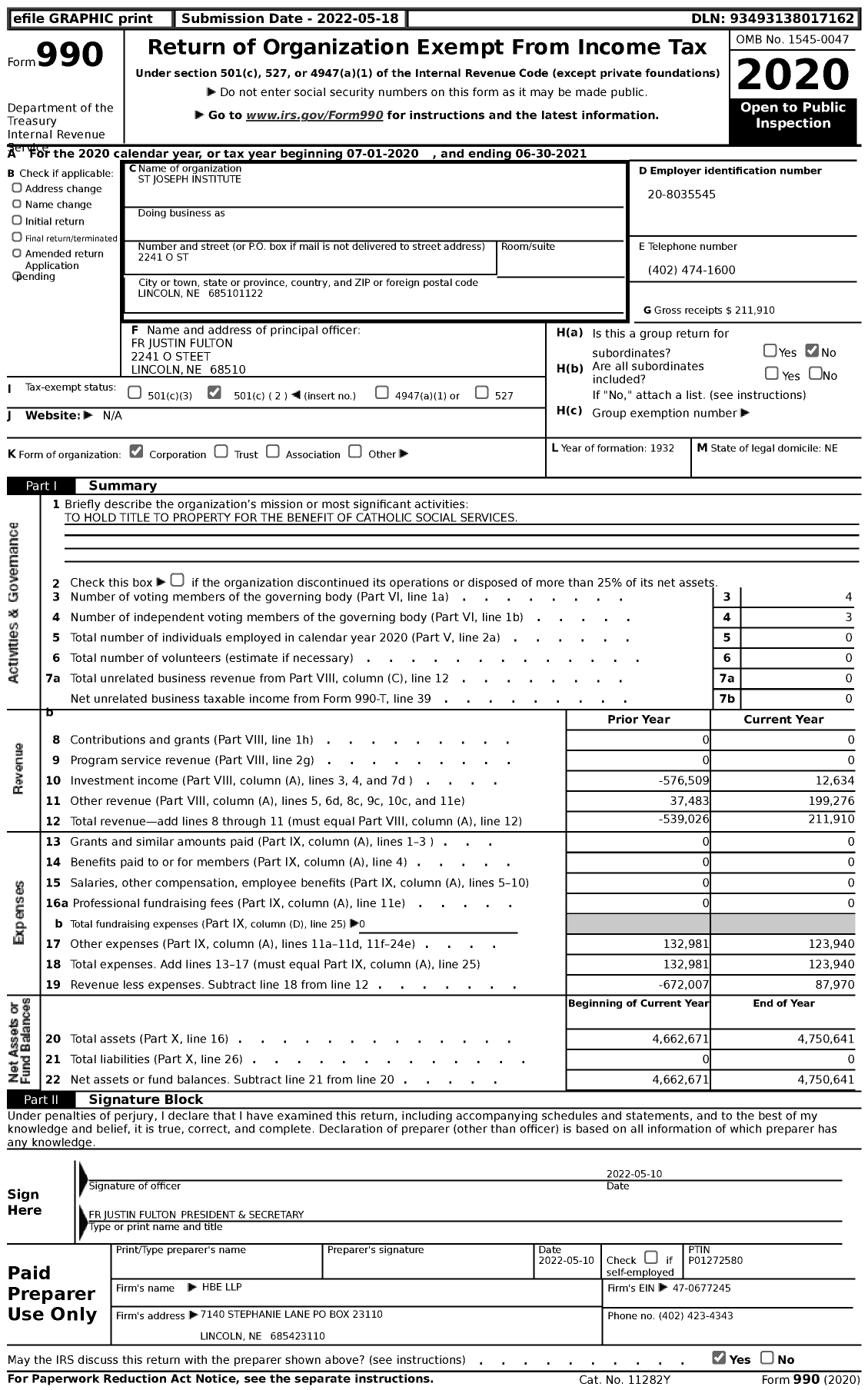 Image of first page of 2020 Form 990 for St Joseph Institute