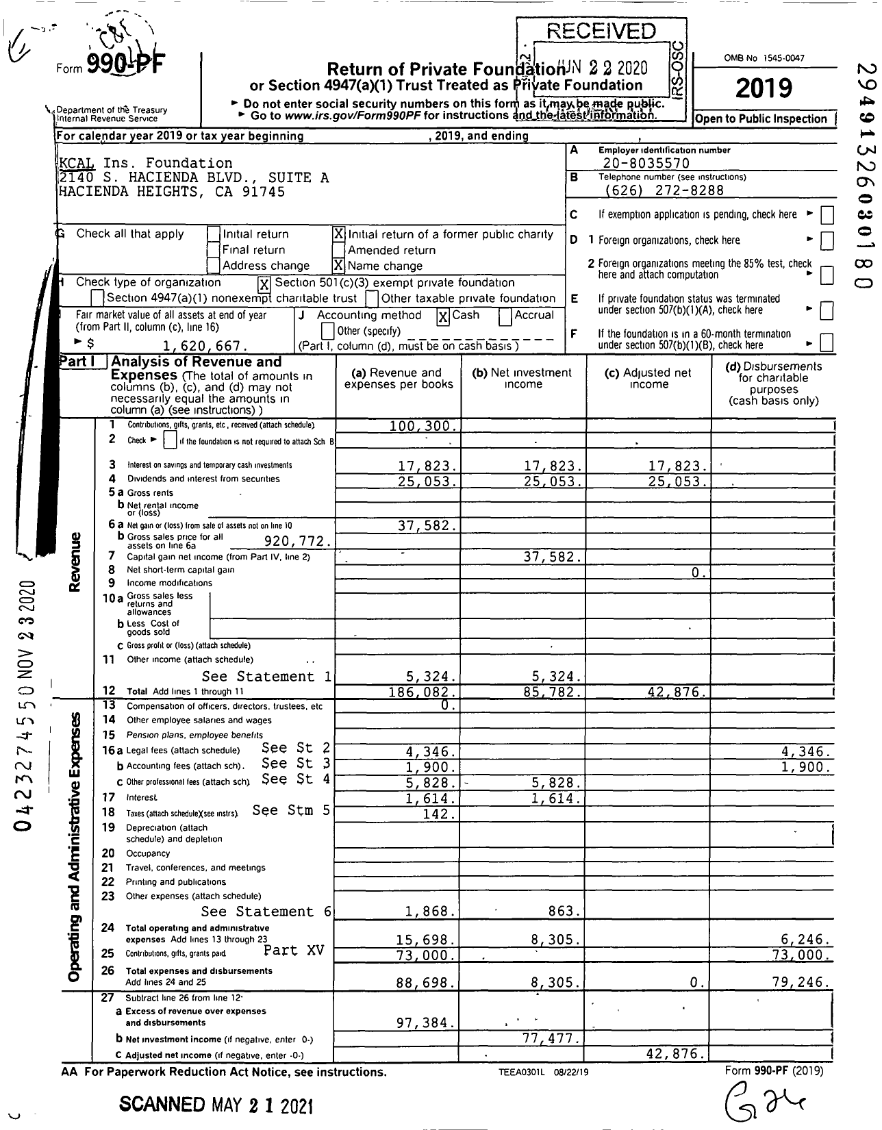 Image of first page of 2019 Form 990PF for KCAL Ins Foundation