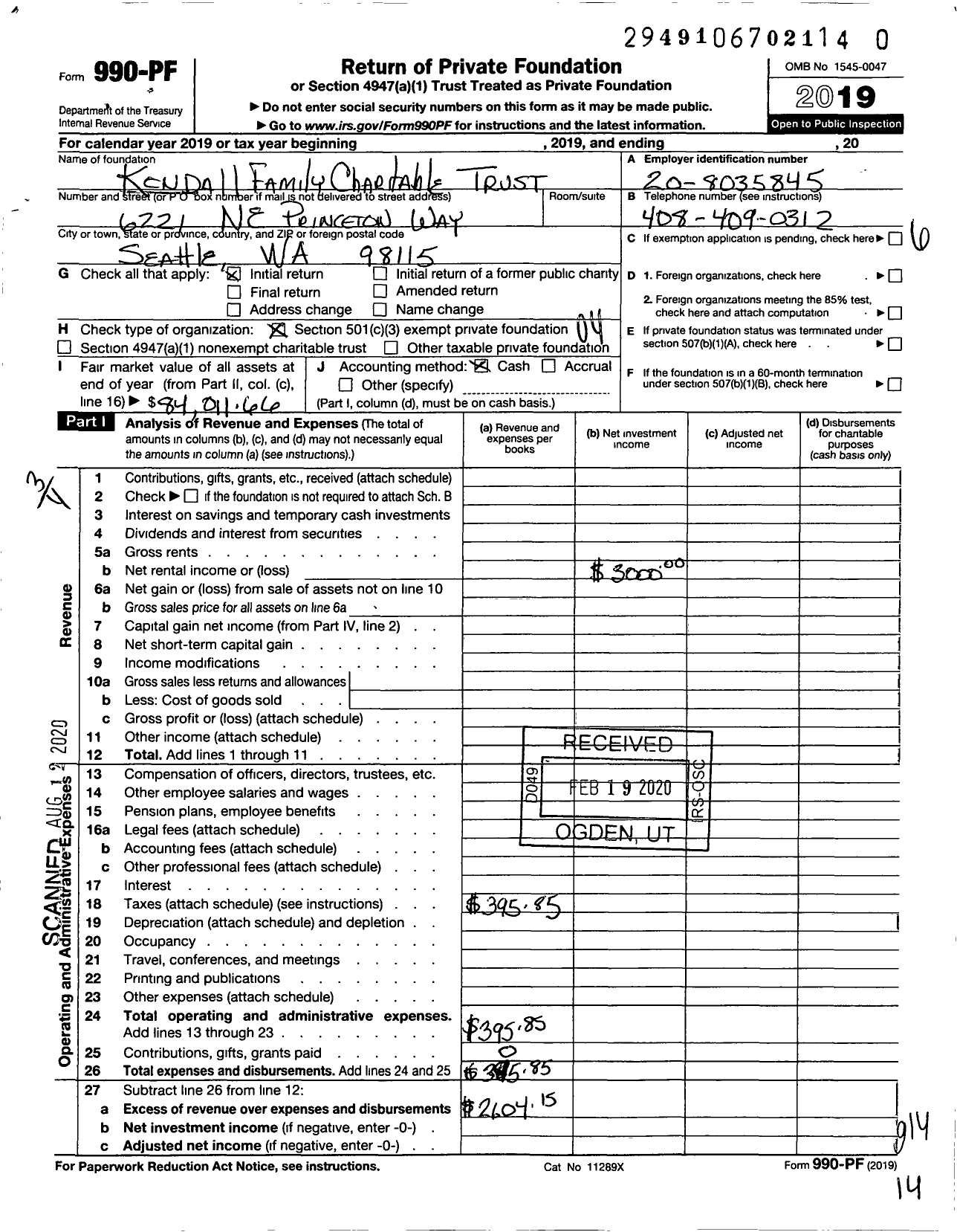 Image of first page of 2019 Form 990PR for Kendall Family Charitable Trust