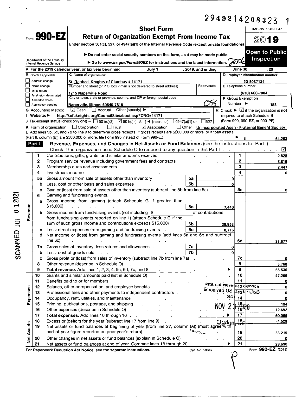 Image of first page of 2019 Form 990EO for Knights of COLUMBUS - 14171 Council St Raphael