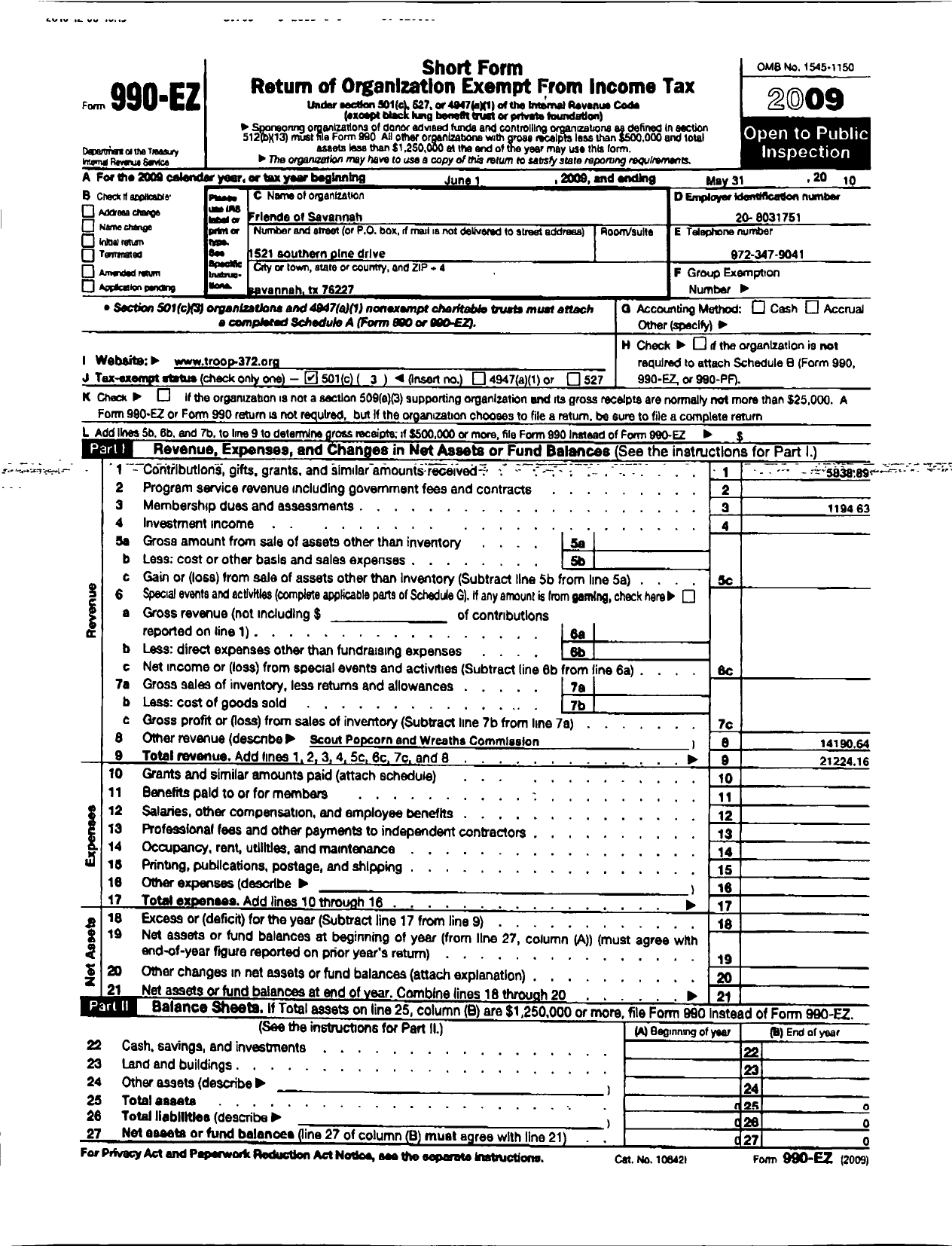 Image of first page of 2009 Form 990ER for Friends of Savannah