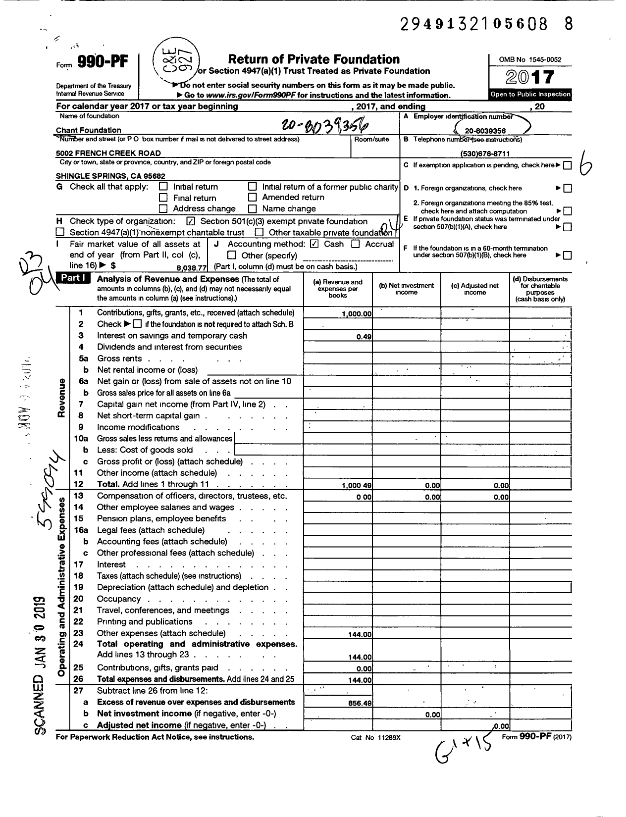 Image of first page of 2017 Form 990PF for Chant Foundation