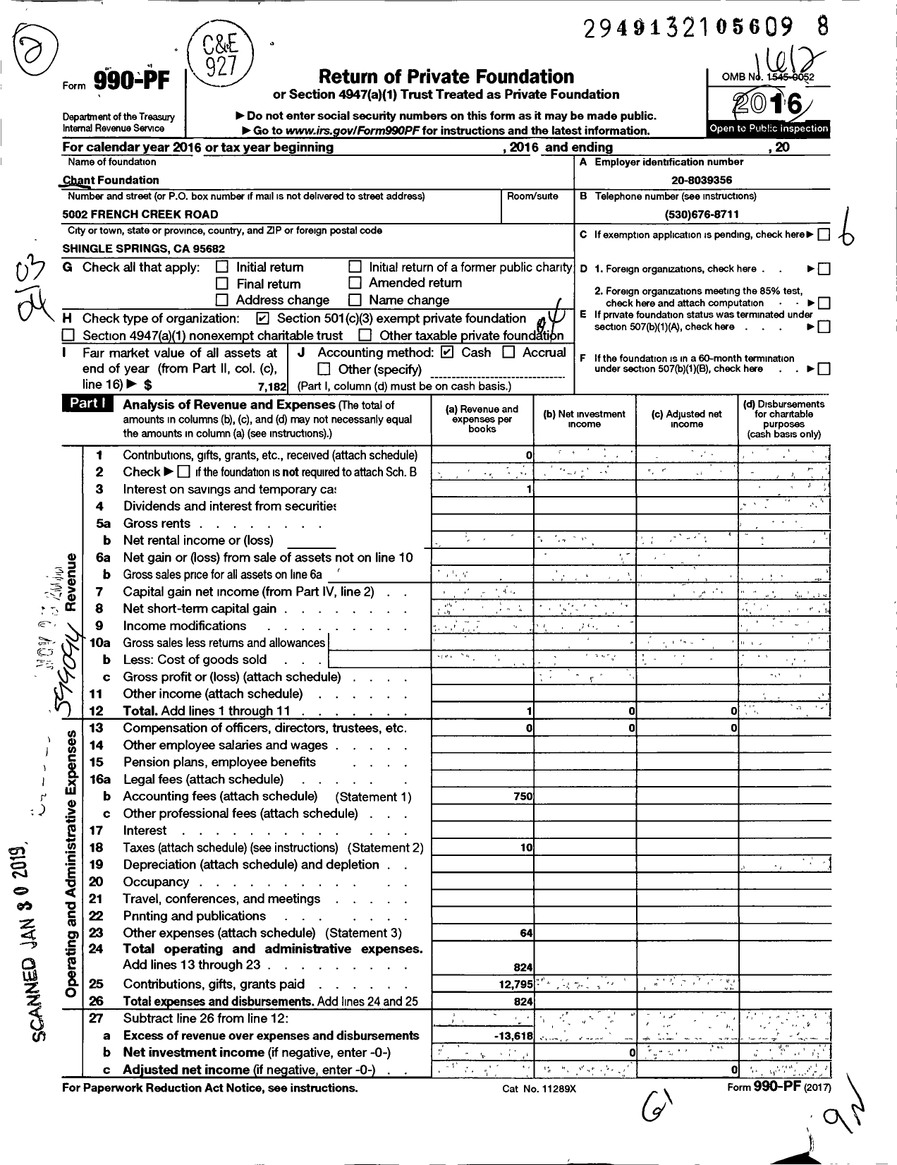 Image of first page of 2016 Form 990PF for Chant Foundation