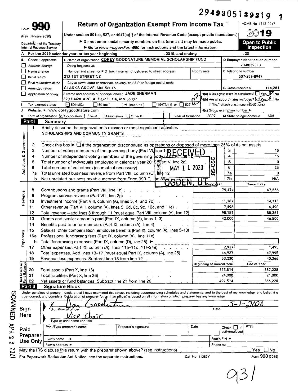 Image of first page of 2019 Form 990 for Corey Goodnature Memorialscholarship Fund