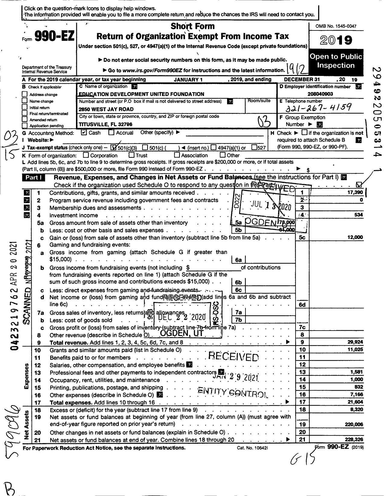 Image of first page of 2019 Form 990EZ for Education Development United Fellowship