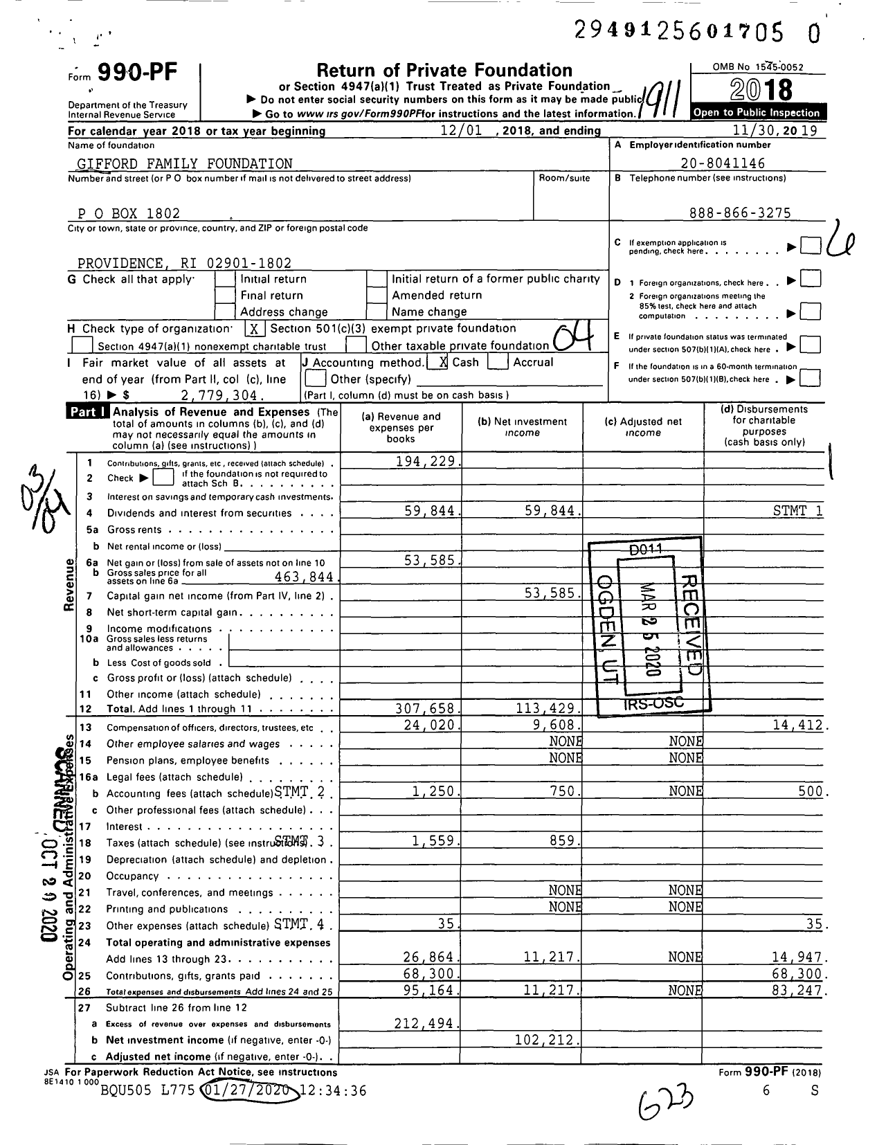 Image of first page of 2018 Form 990PR for Gifford Family Foundation