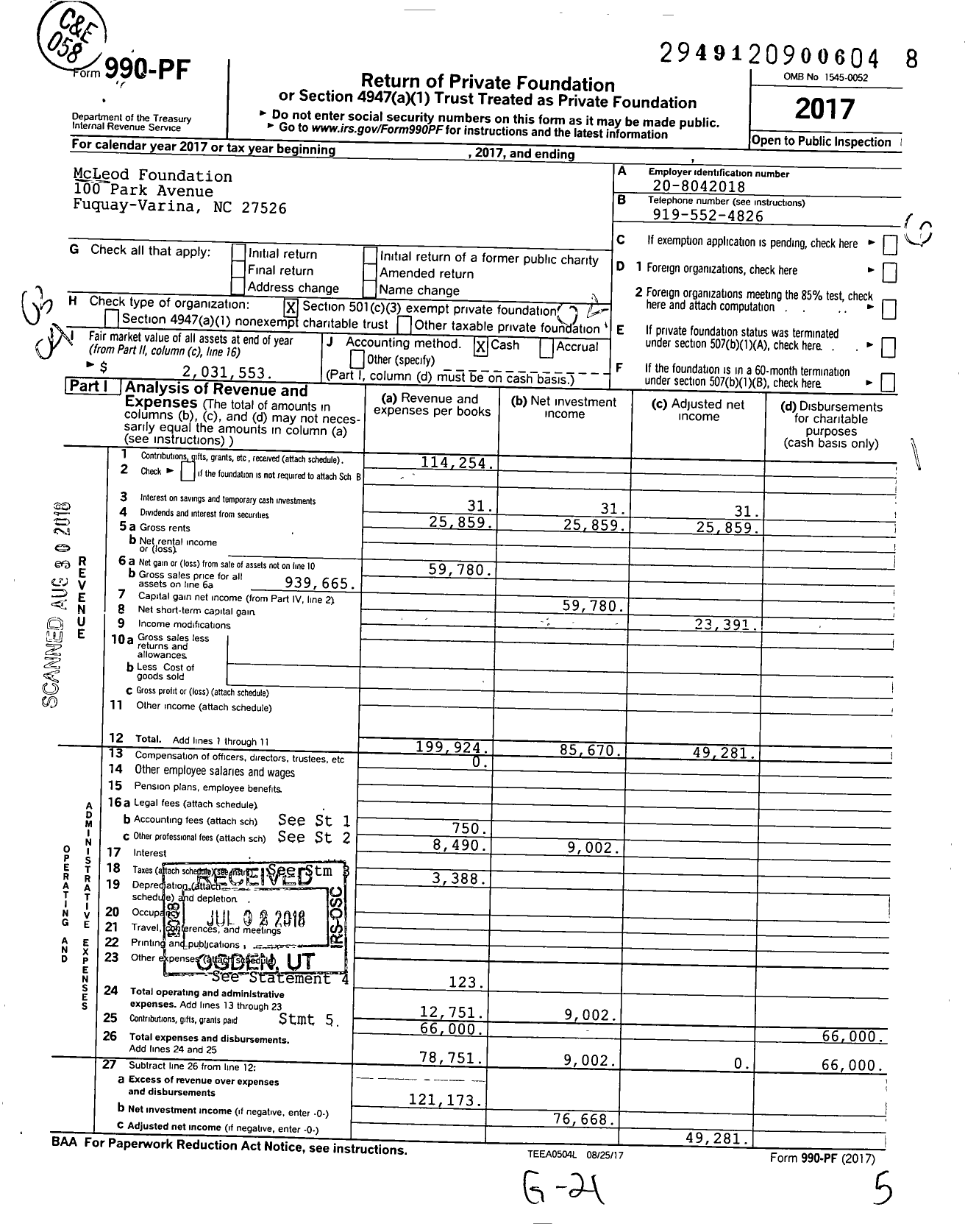 Image of first page of 2017 Form 990PF for McLeod Foundation