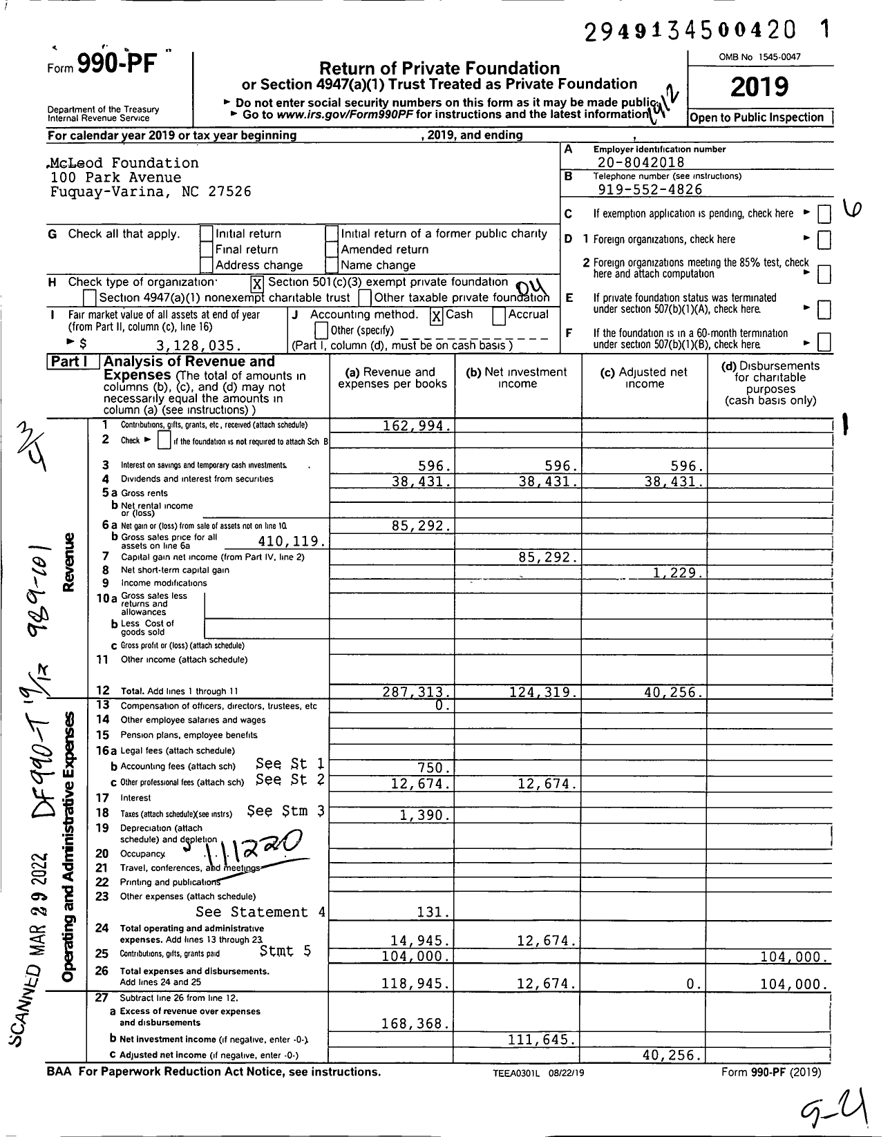 Image of first page of 2019 Form 990PF for McLeod Foundation