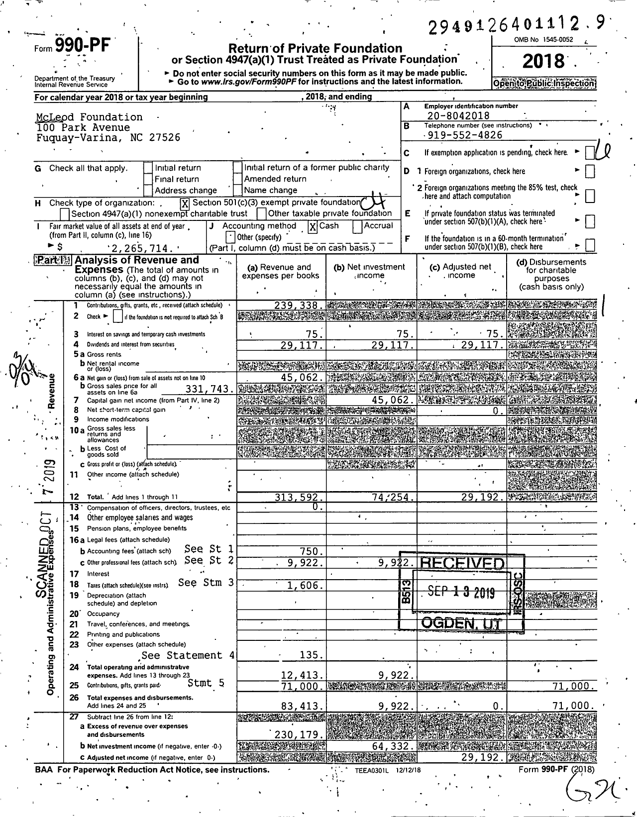 Image of first page of 2018 Form 990PF for McLeod Foundation