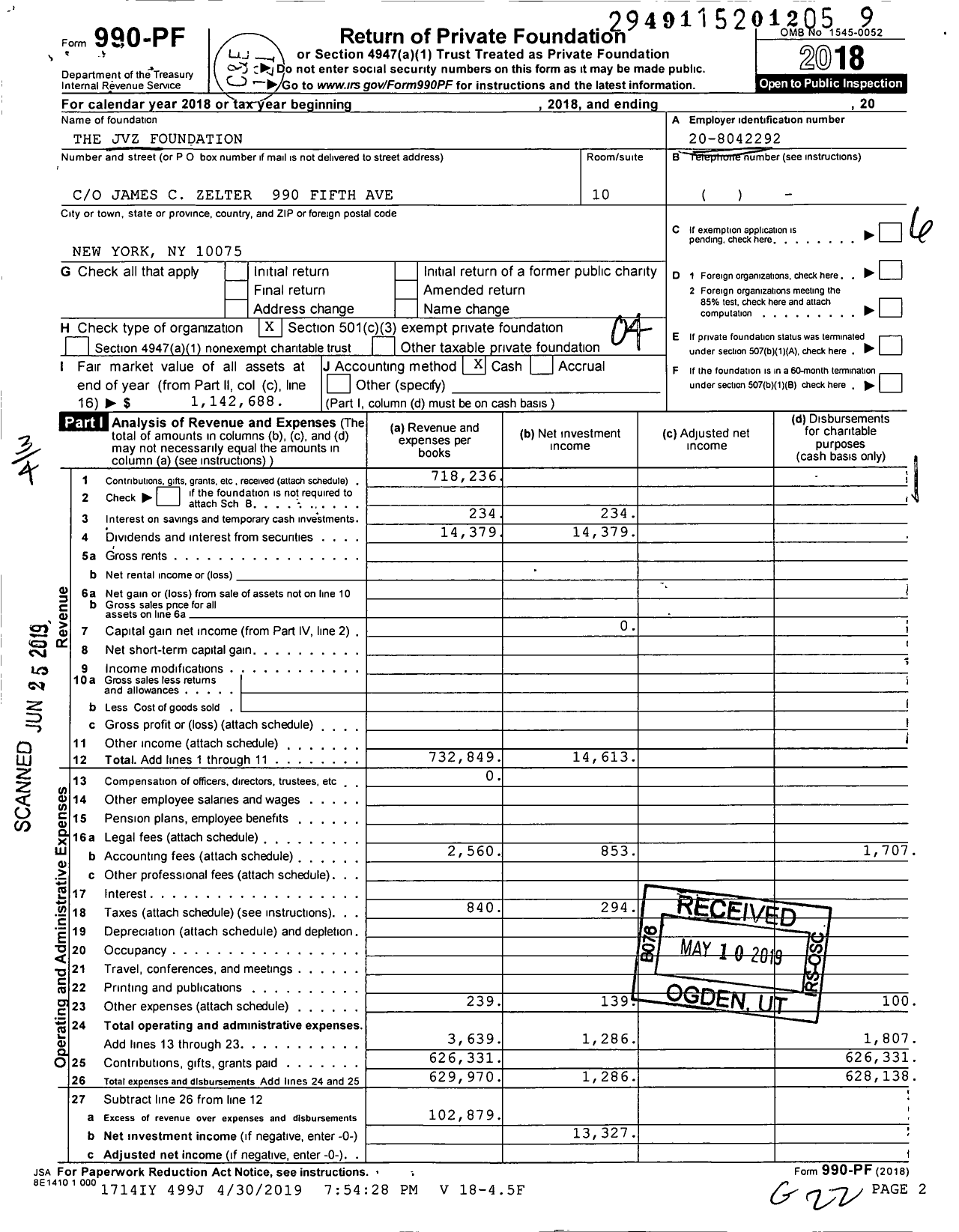 Image of first page of 2018 Form 990PF for JVZ Foundation