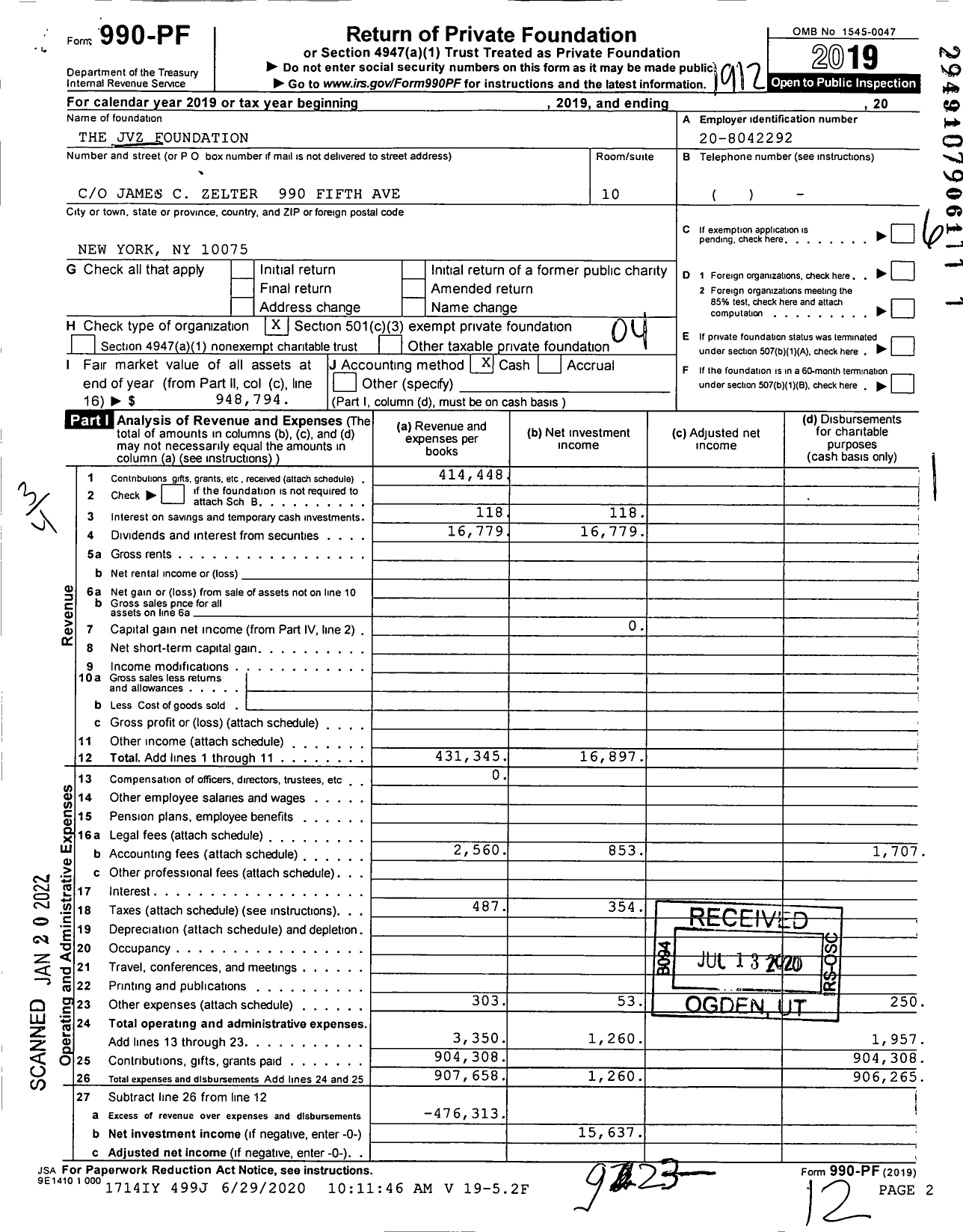 Image of first page of 2019 Form 990PF for JVZ Foundation