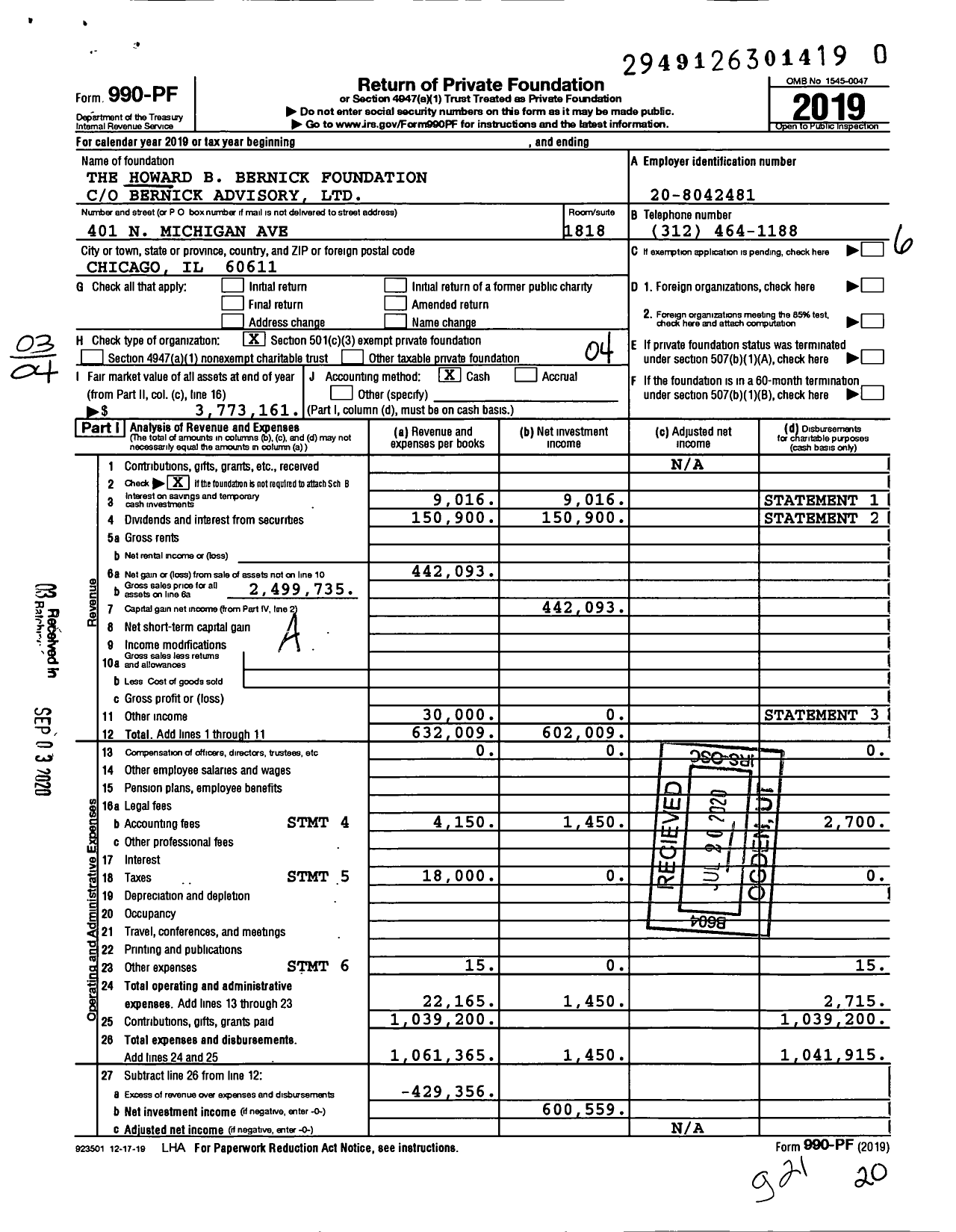 Image of first page of 2019 Form 990PF for The Howard B Bernick Foundation