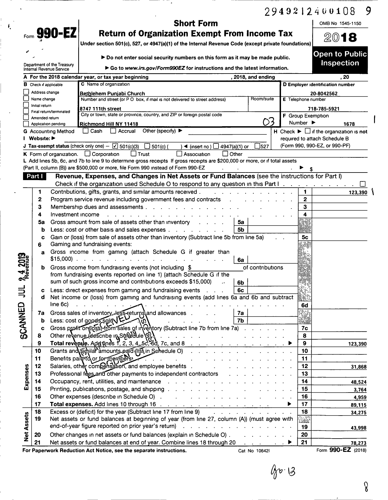 Image of first page of 2018 Form 990EZ for Bethlehem Punjabi Church