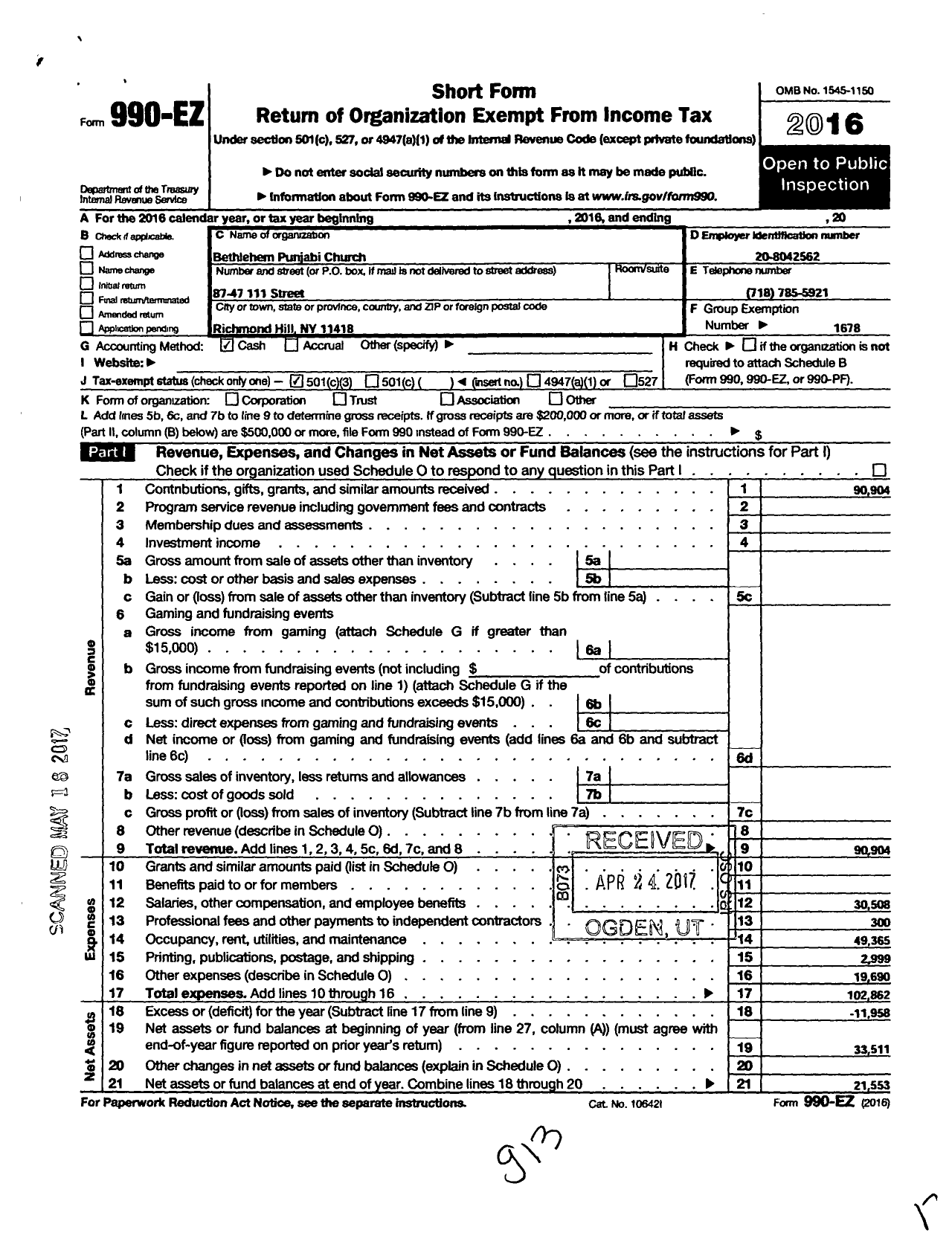 Image of first page of 2016 Form 990EZ for Bethlehem Punjabi Church