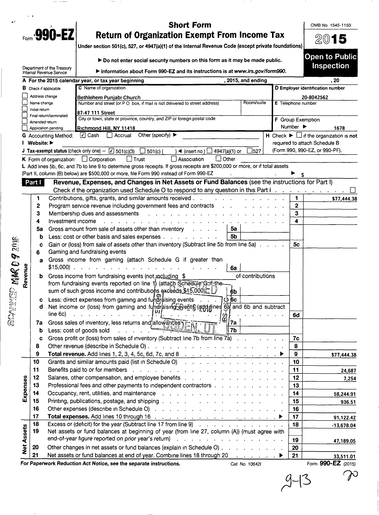 Image of first page of 2015 Form 990EZ for Bethlehem Punjabi Church