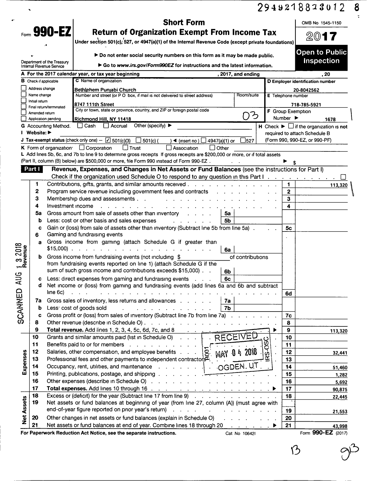 Image of first page of 2017 Form 990EZ for Bethlehem Punjabi Church