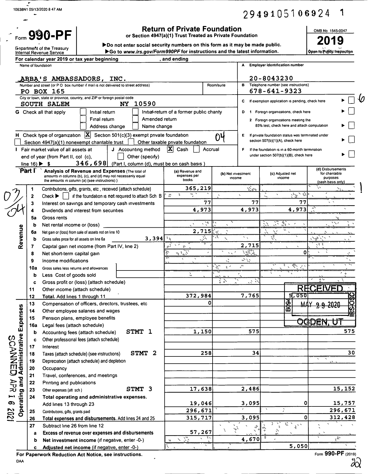 Image of first page of 2019 Form 990PF for Abba's Ambassadors