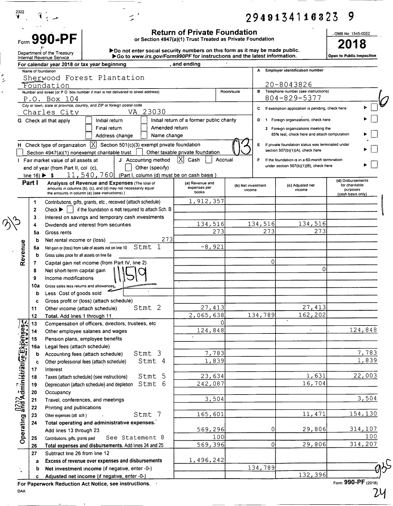 Image of first page of 2018 Form 990PF for Sherwood Forest Plantation Foundation