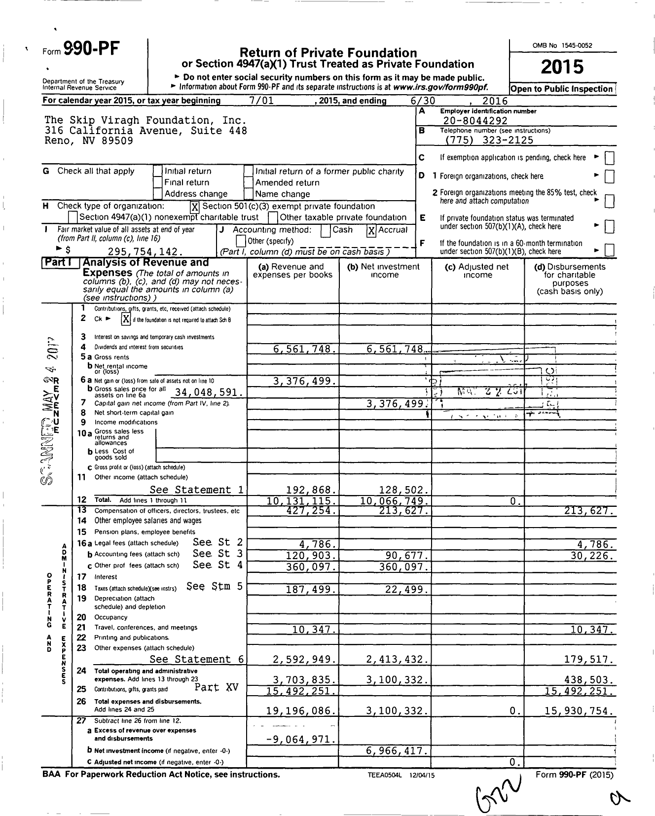 Image of first page of 2015 Form 990PF for The Skip Viragh Foundation
