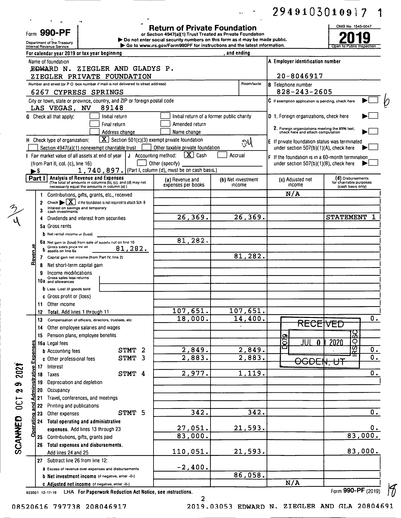 Image of first page of 2019 Form 990PF for Edward N Ziegler and Gladys P Ziegler Private Foundation