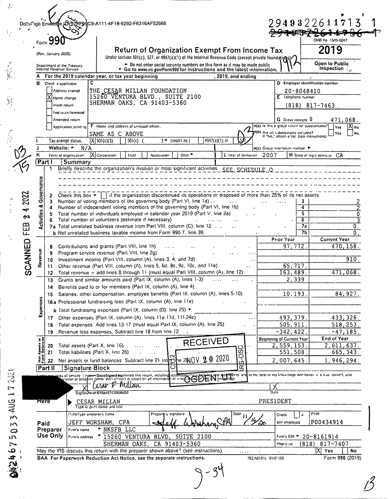 Image of first page of 2019 Form 990 for The Cesar Millan Foundation