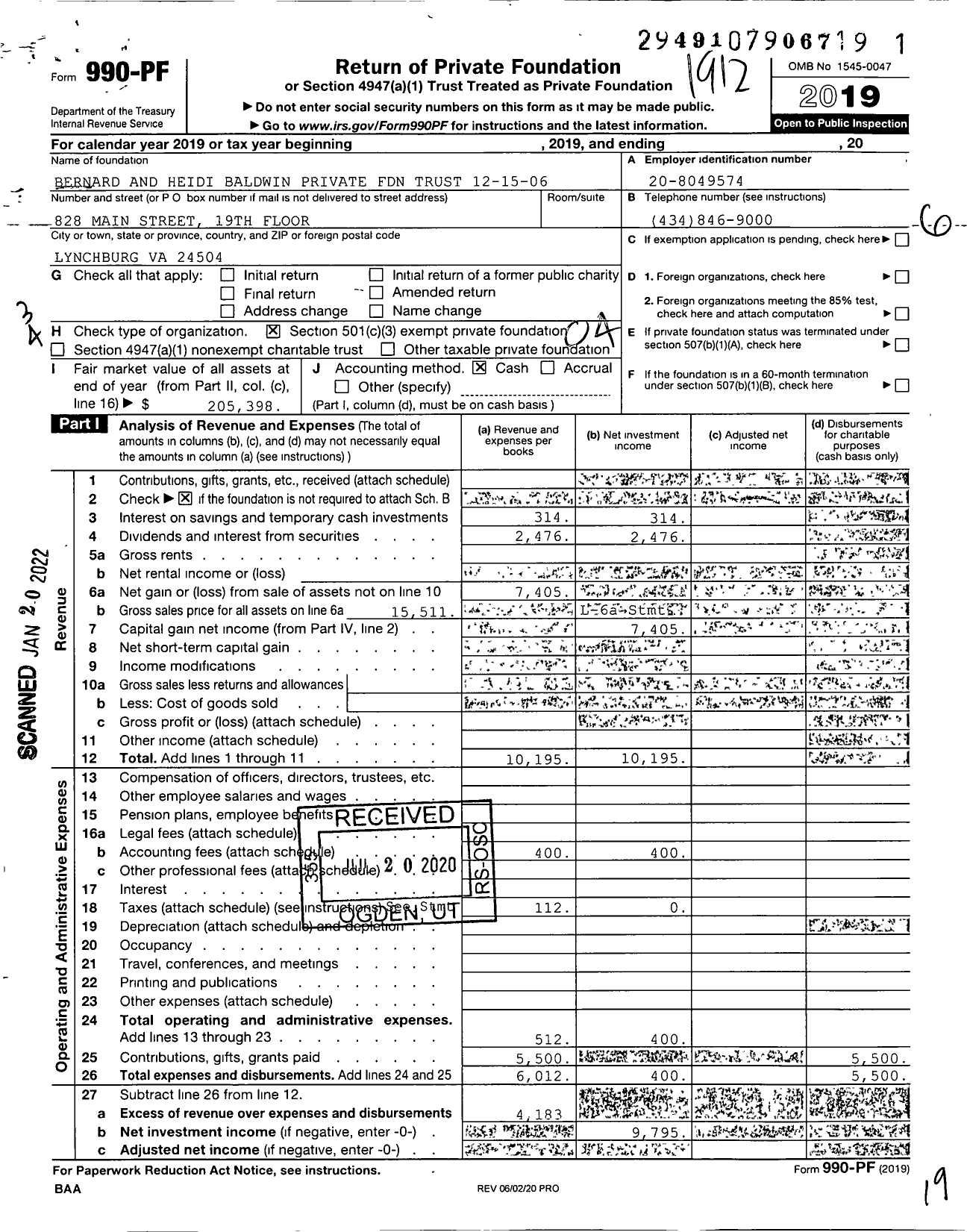Image of first page of 2019 Form 990PF for Bernard and Heidi Baldwin Private Foundation Trust 12-15-06