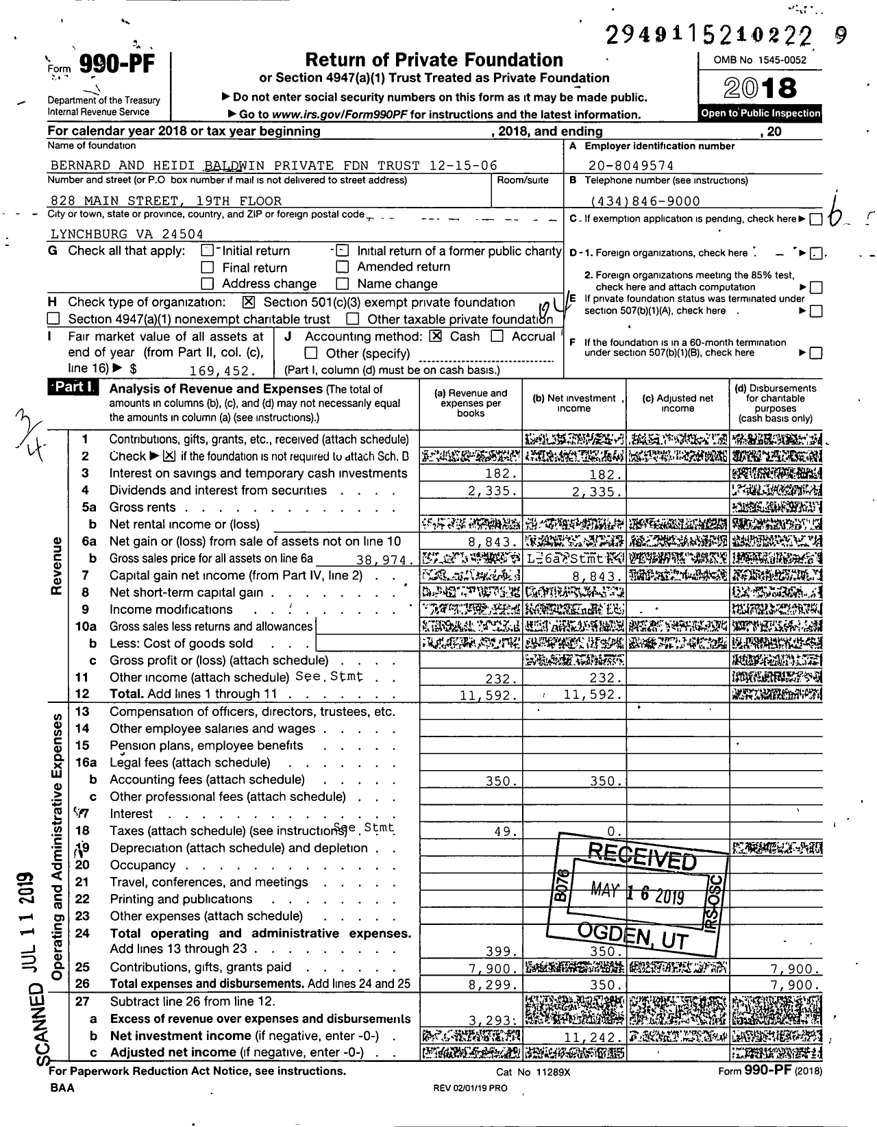 Image of first page of 2018 Form 990PF for Bernard and Heidi Baldwin Private Foundation Trust 12-15-06