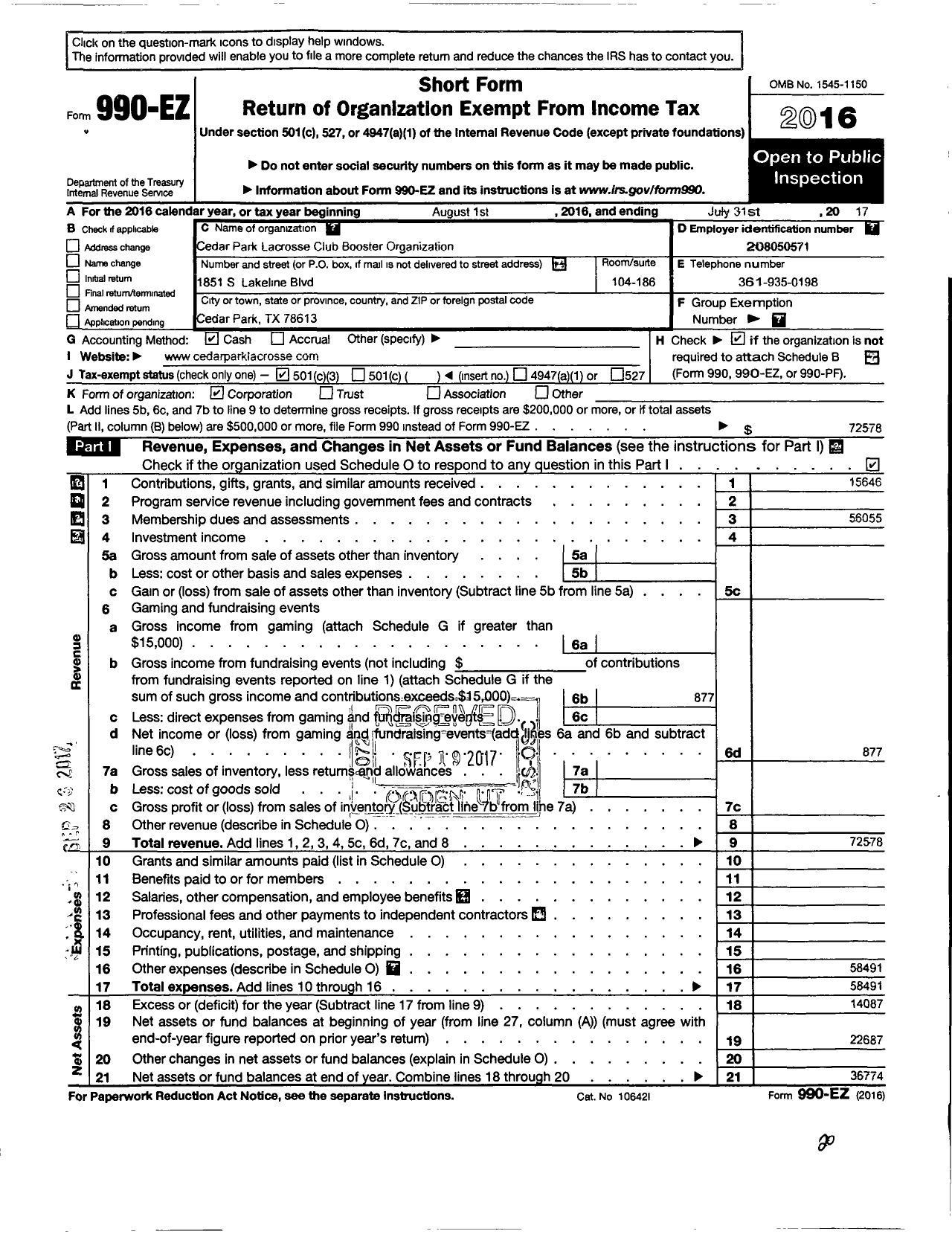 Image of first page of 2016 Form 990EZ for Cedar Park Lacrosse Club Booster Organization