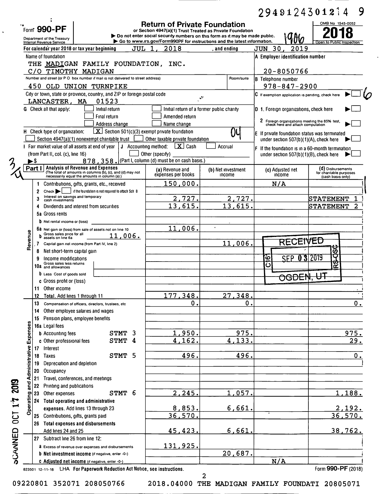 Image of first page of 2018 Form 990PF for The Madigan Family Foundation