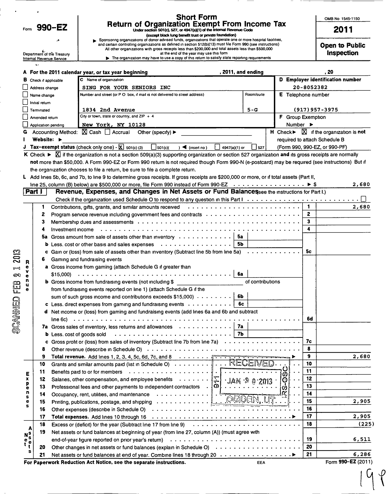 Image of first page of 2011 Form 990EZ for Sing for Your Seniors