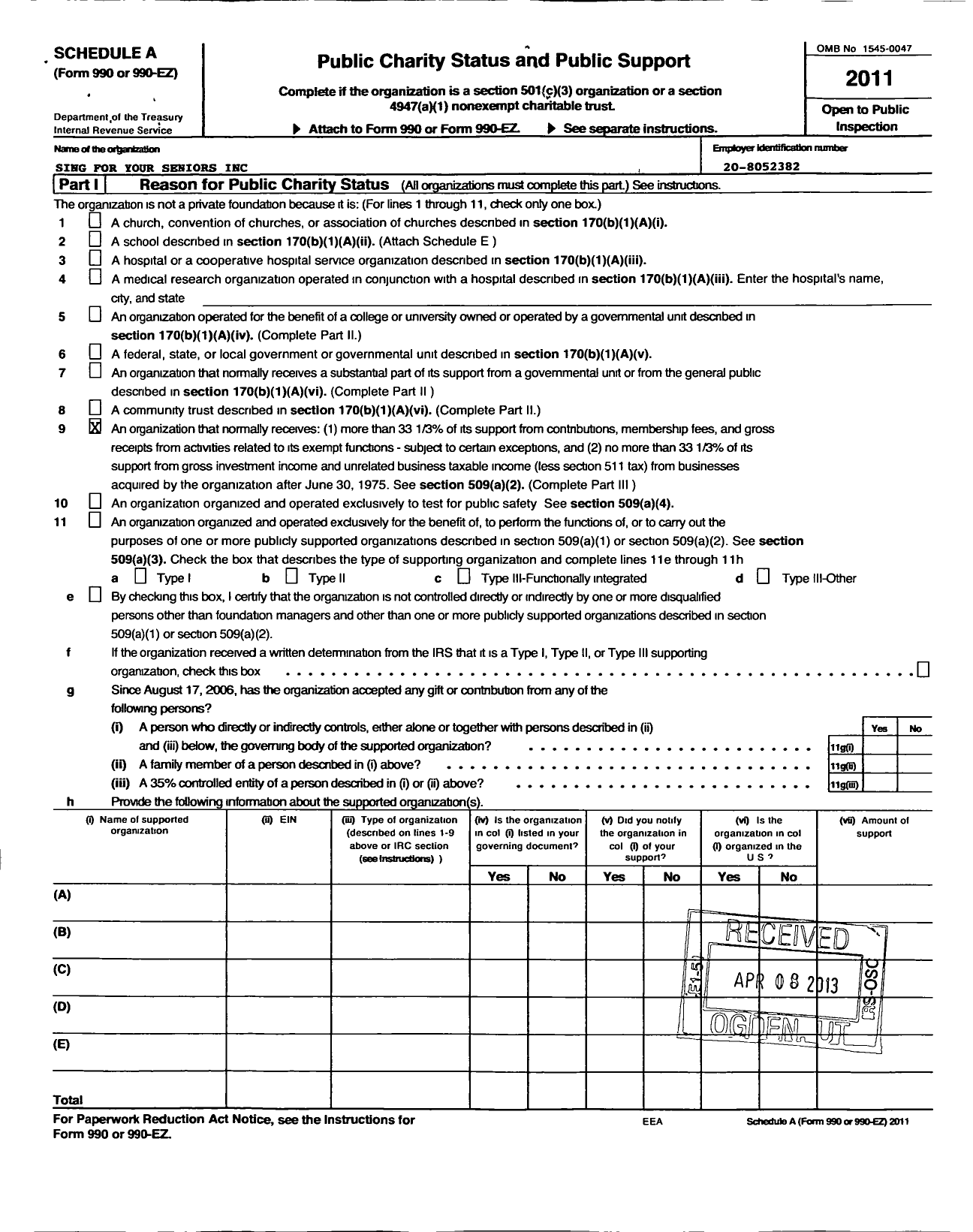 Image of first page of 2011 Form 990ER for Sing for Your Seniors