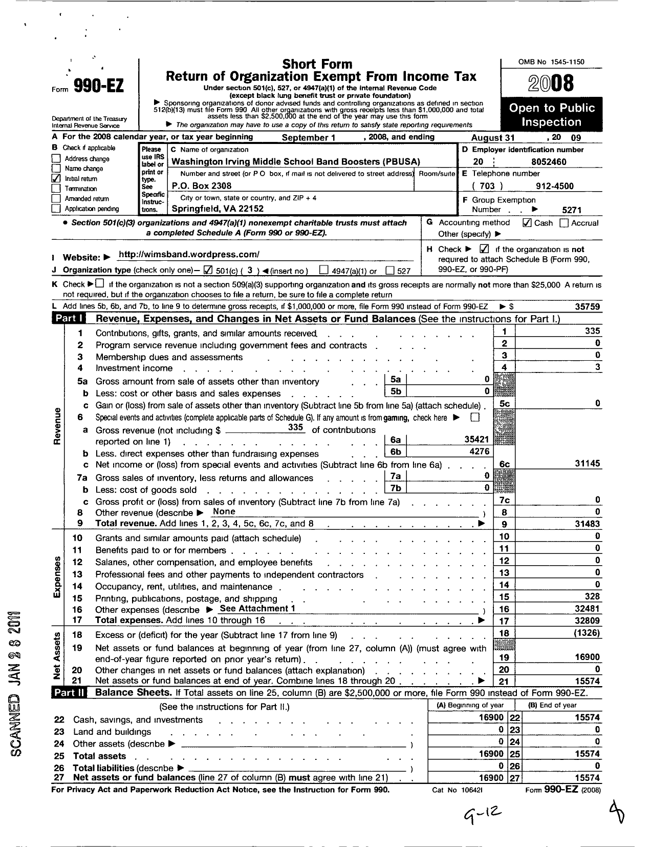 Image of first page of 2008 Form 990EZ for Parent Booster USA / Washington Irving Mid SCH Band Boos