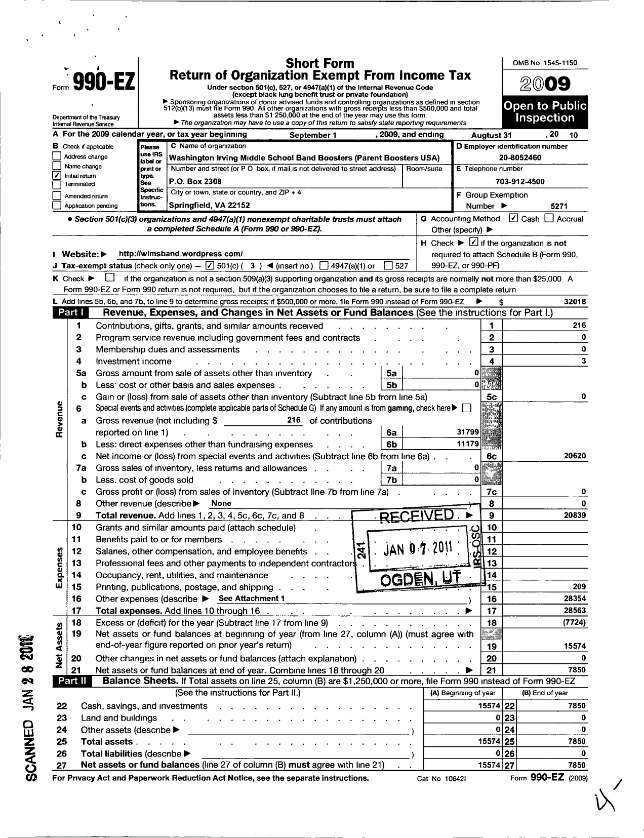 Image of first page of 2009 Form 990EZ for Parent Booster USA / Washington Irving Mid SCH Band Boos