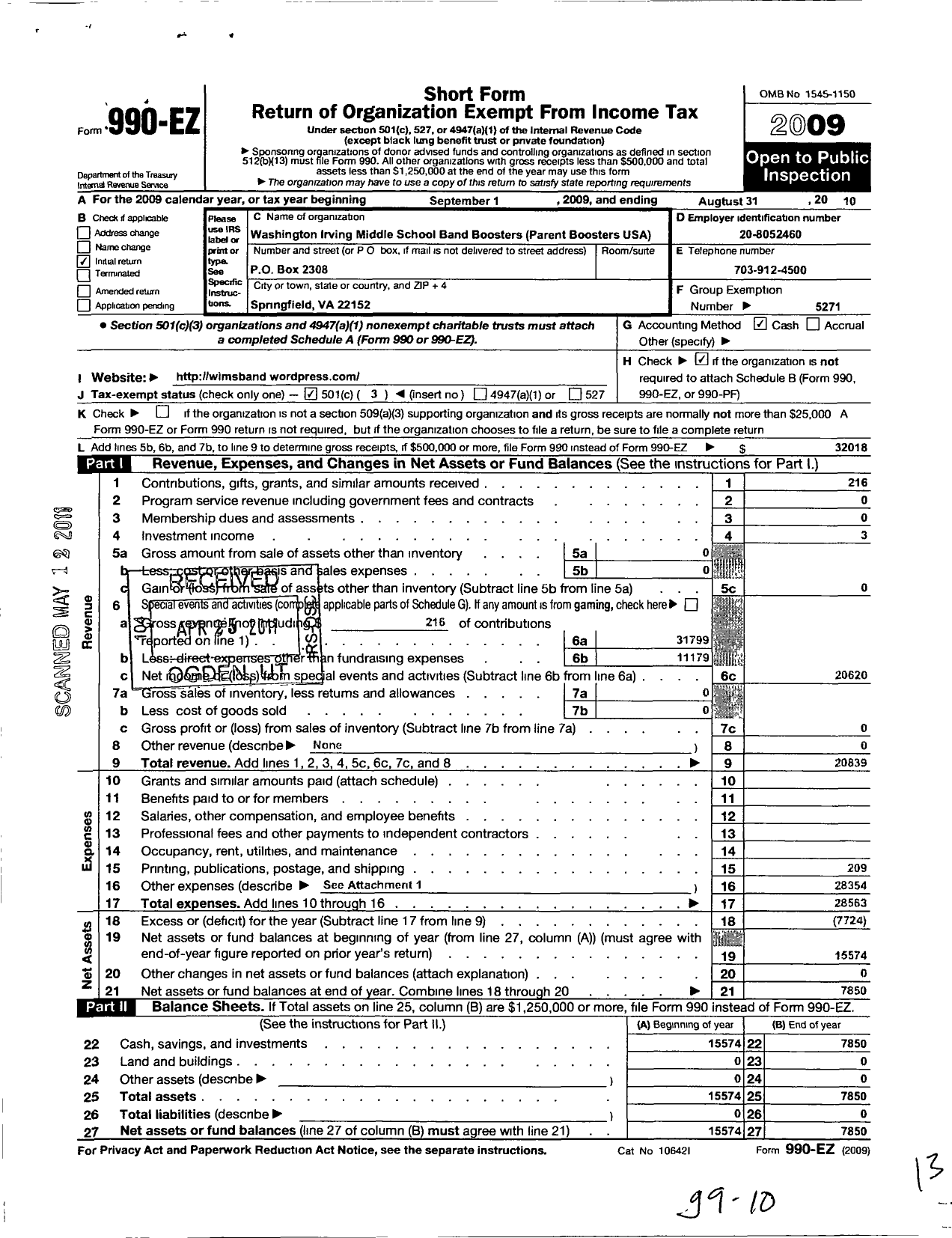 Image of first page of 2009 Form 990EZ for Parent Booster USA / Washington Irving Mid SCH Band Boos