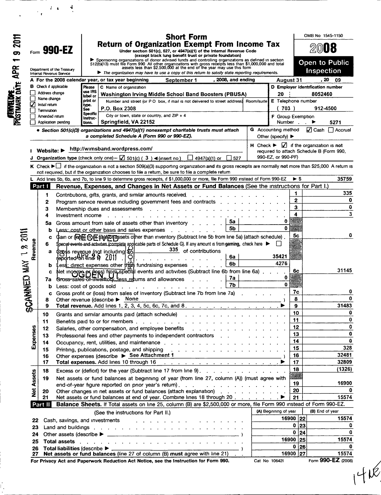 Image of first page of 2008 Form 990EZ for Parent Booster USA / Washington Irving Mid SCH Band Boos