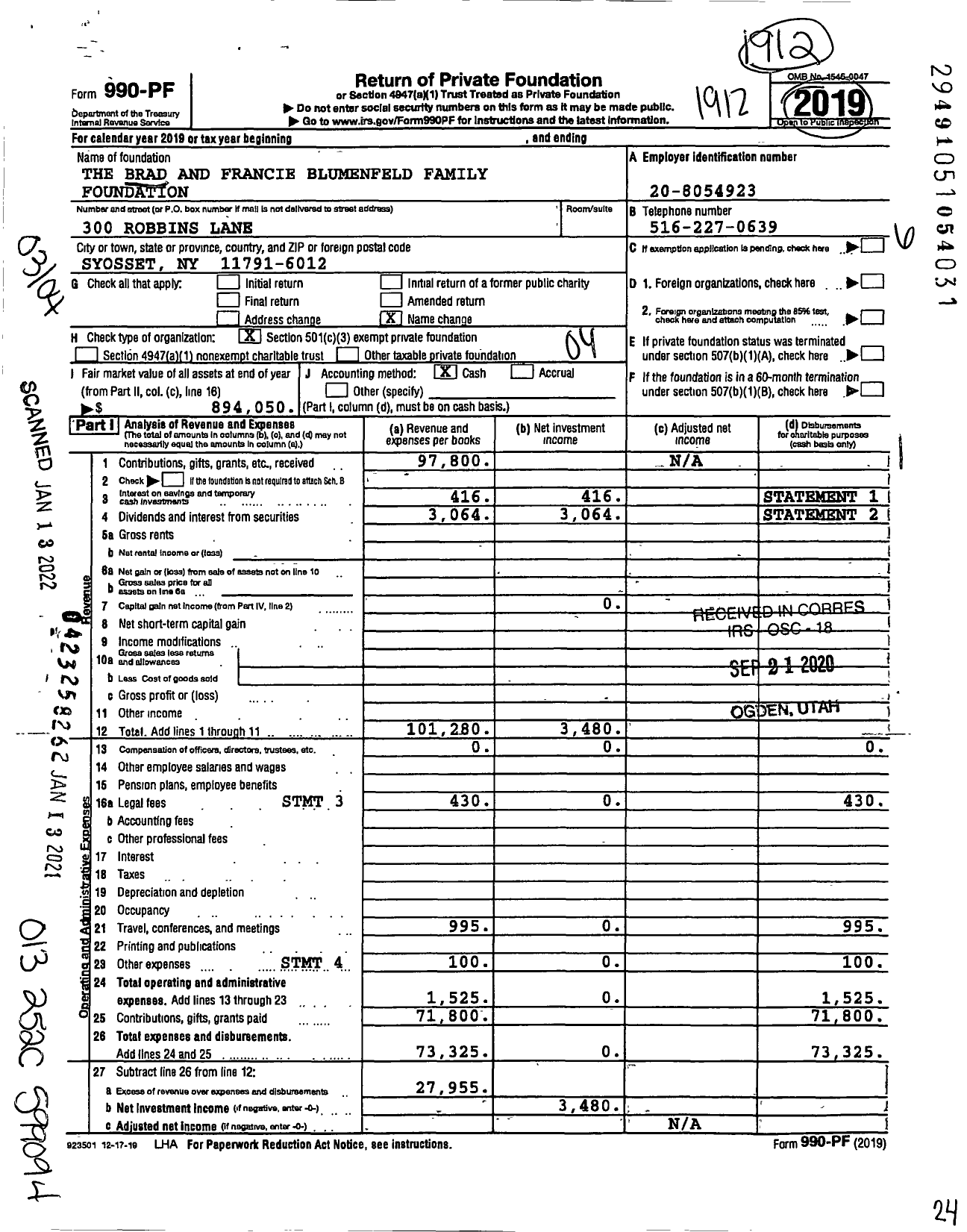 Image of first page of 2019 Form 990PF for The Brad and Francie Blumenfeld Family Foundation