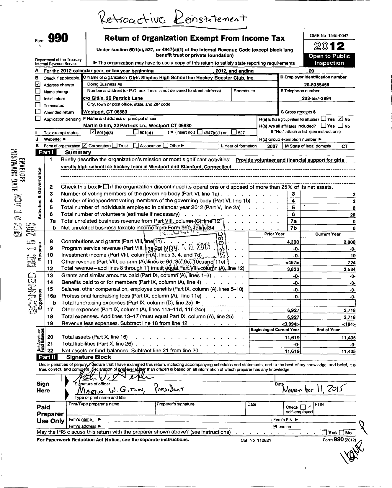 Image of first page of 2012 Form 990 for Girls Staples High School Ice Hockey Booster Club