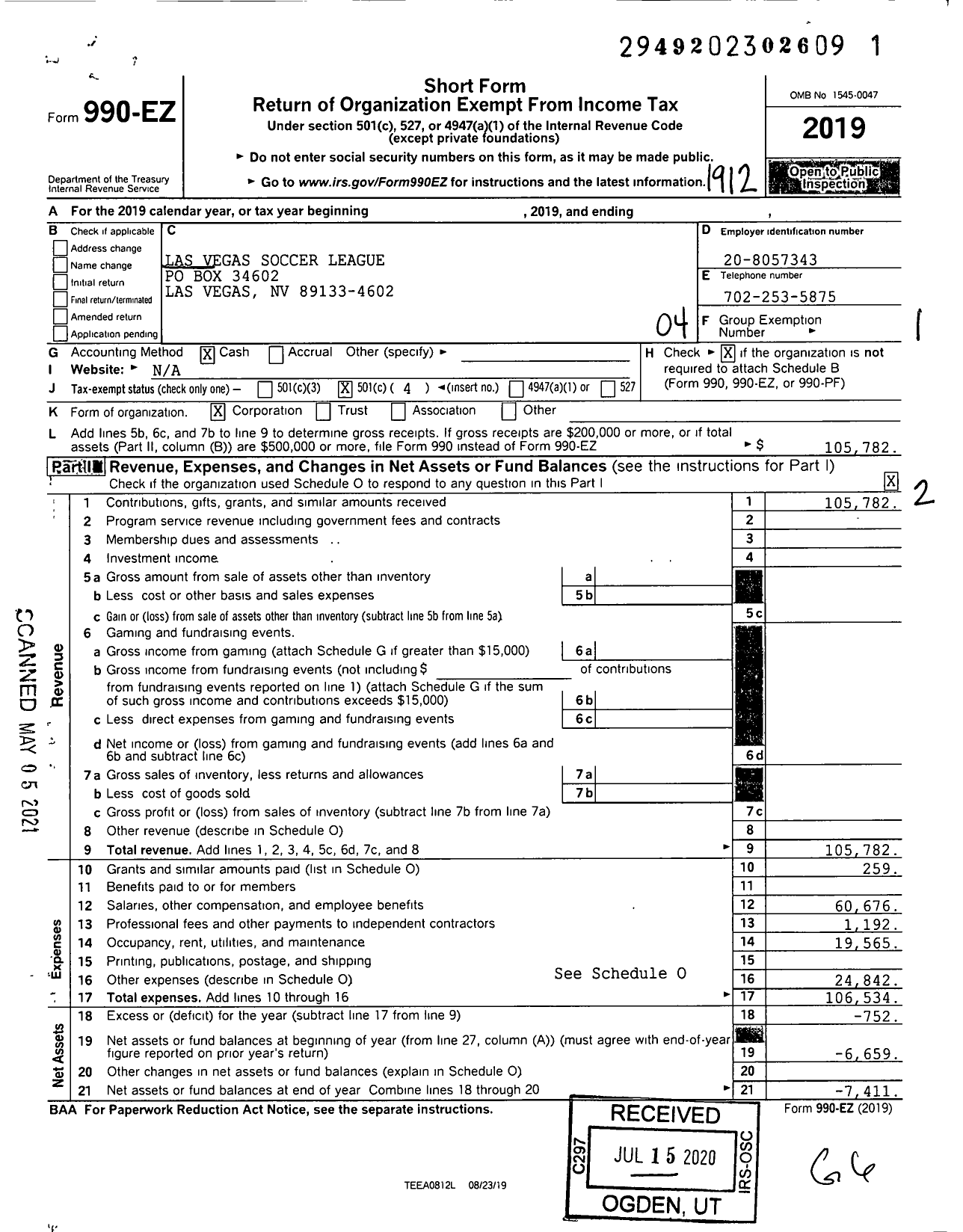 Image of first page of 2019 Form 990EO for Las Vegas Soccer League