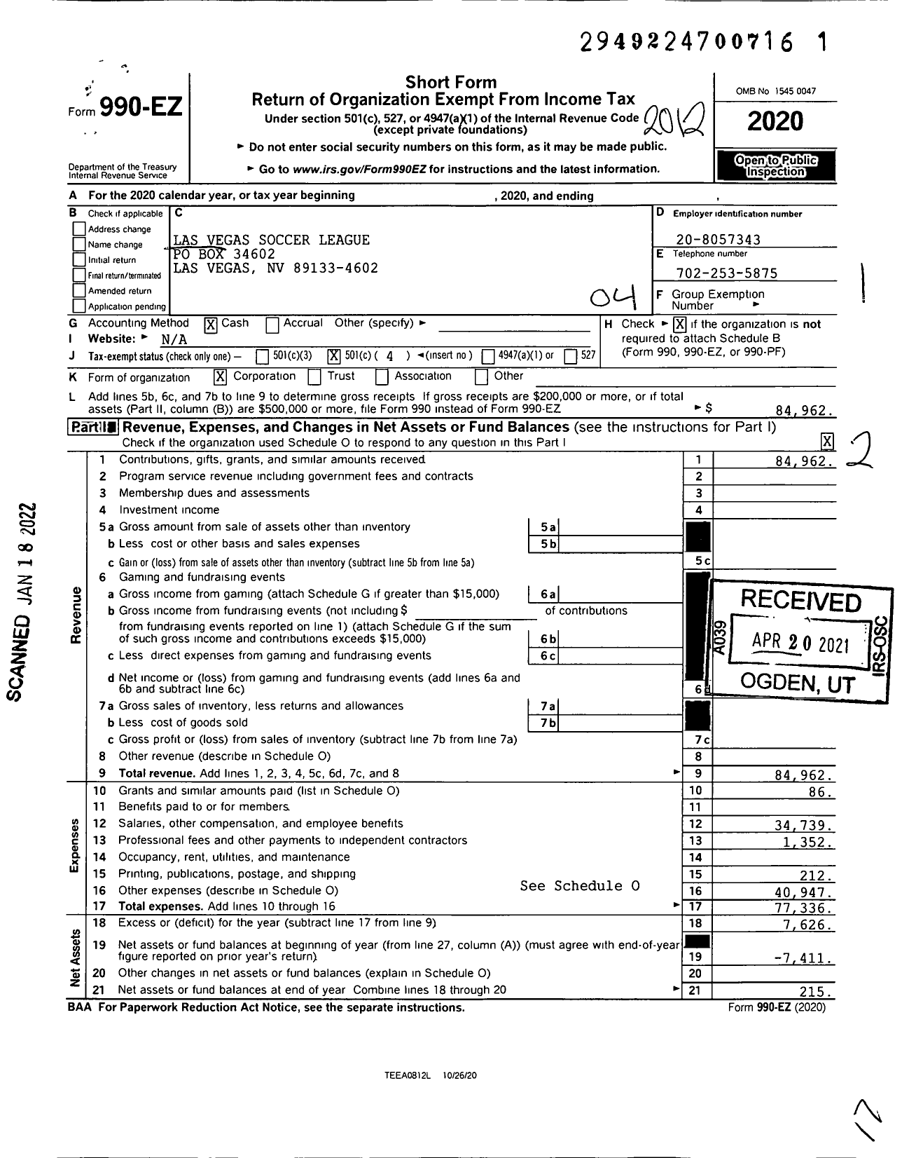 Image of first page of 2020 Form 990EO for Las Vegas Soccer League