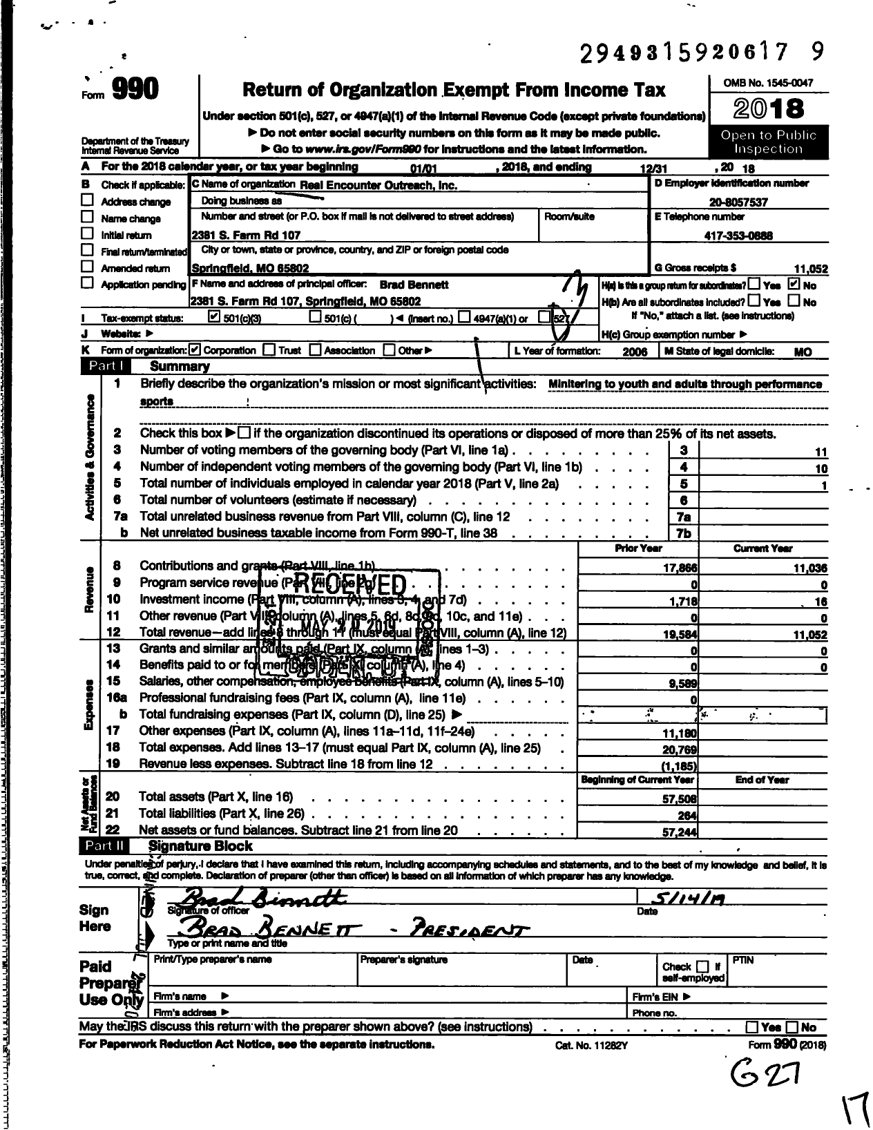 Image of first page of 2018 Form 990 for Real Encounter Outreach Ministry