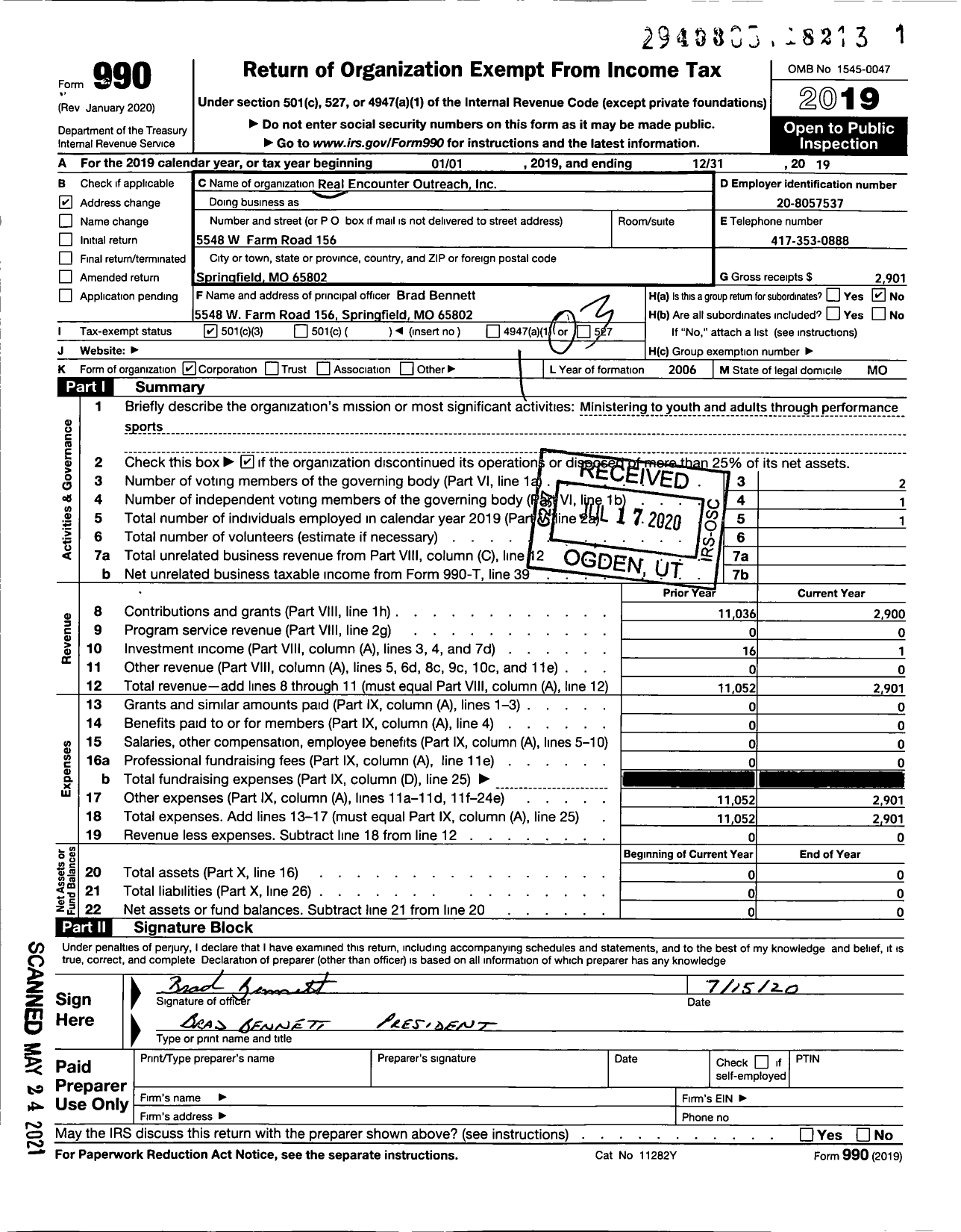 Image of first page of 2019 Form 990 for Real Encounter Outreach Ministry