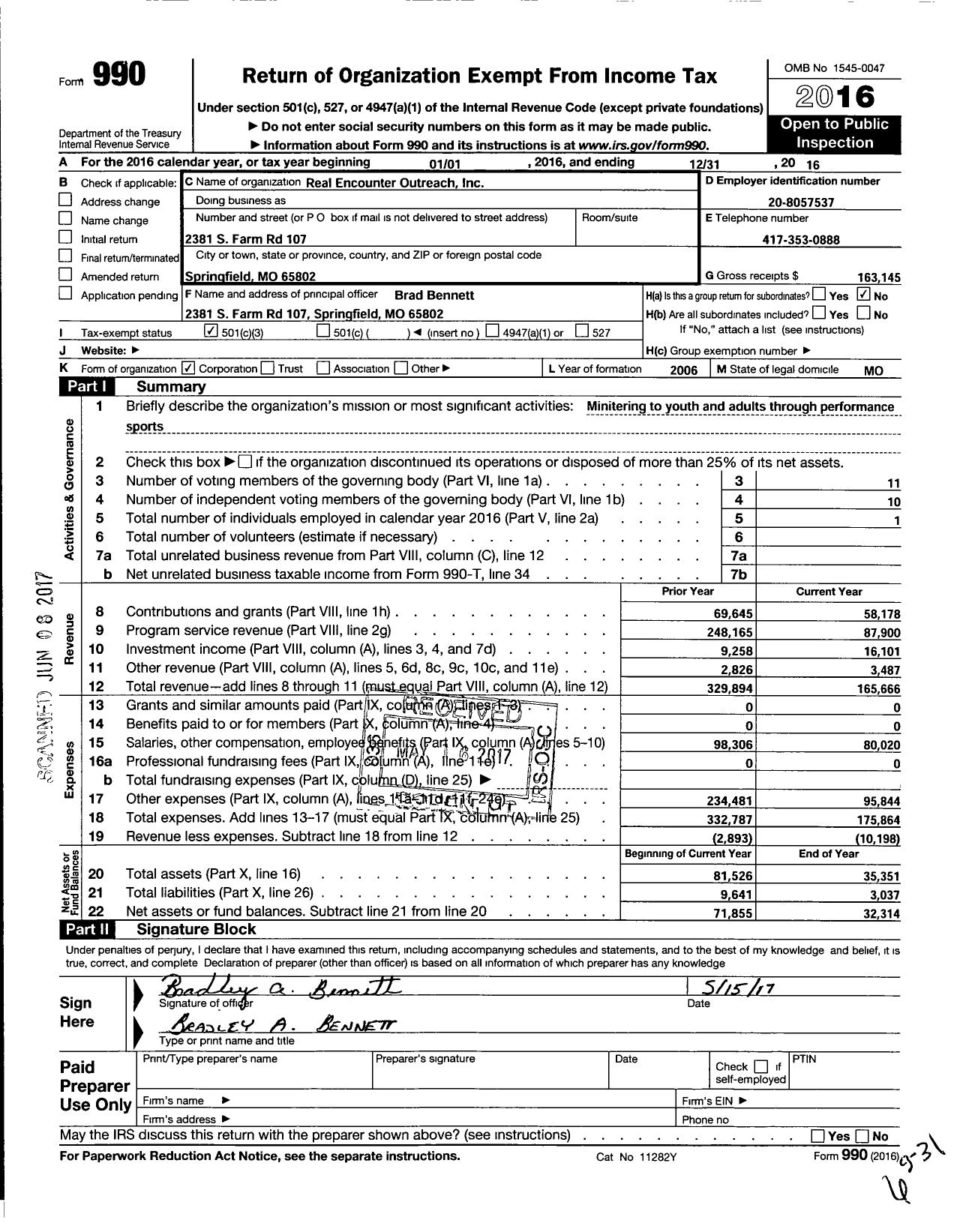 Image of first page of 2016 Form 990 for Real Encounter Outreach Ministry