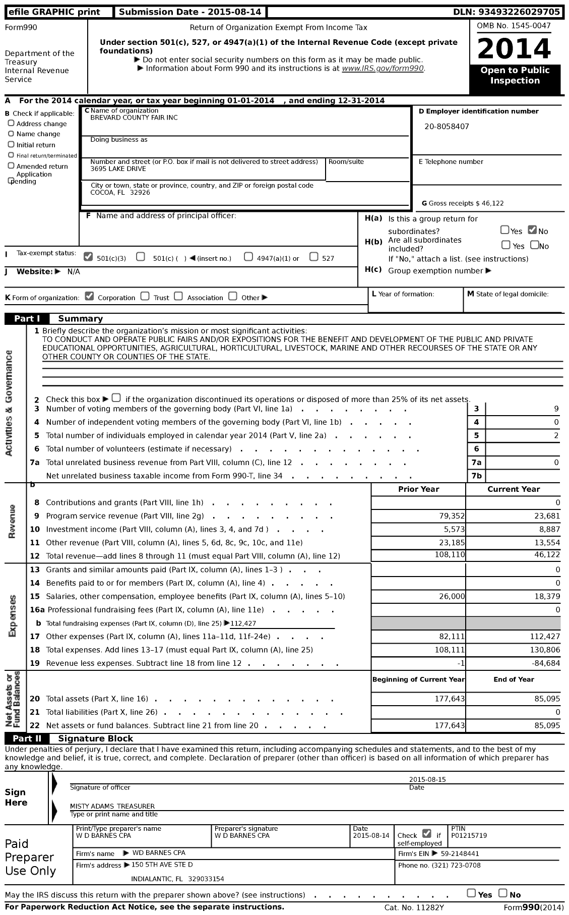 Image of first page of 2014 Form 990 for Brevard County Fair