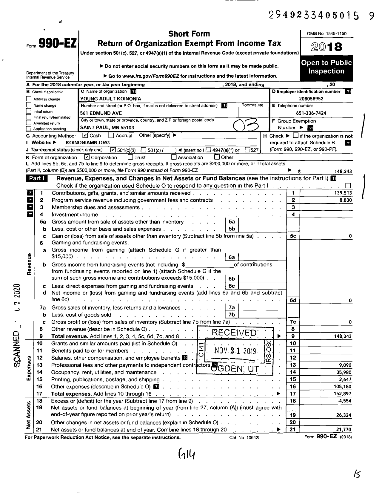 Image of first page of 2018 Form 990EZ for Young Adult Koinonia