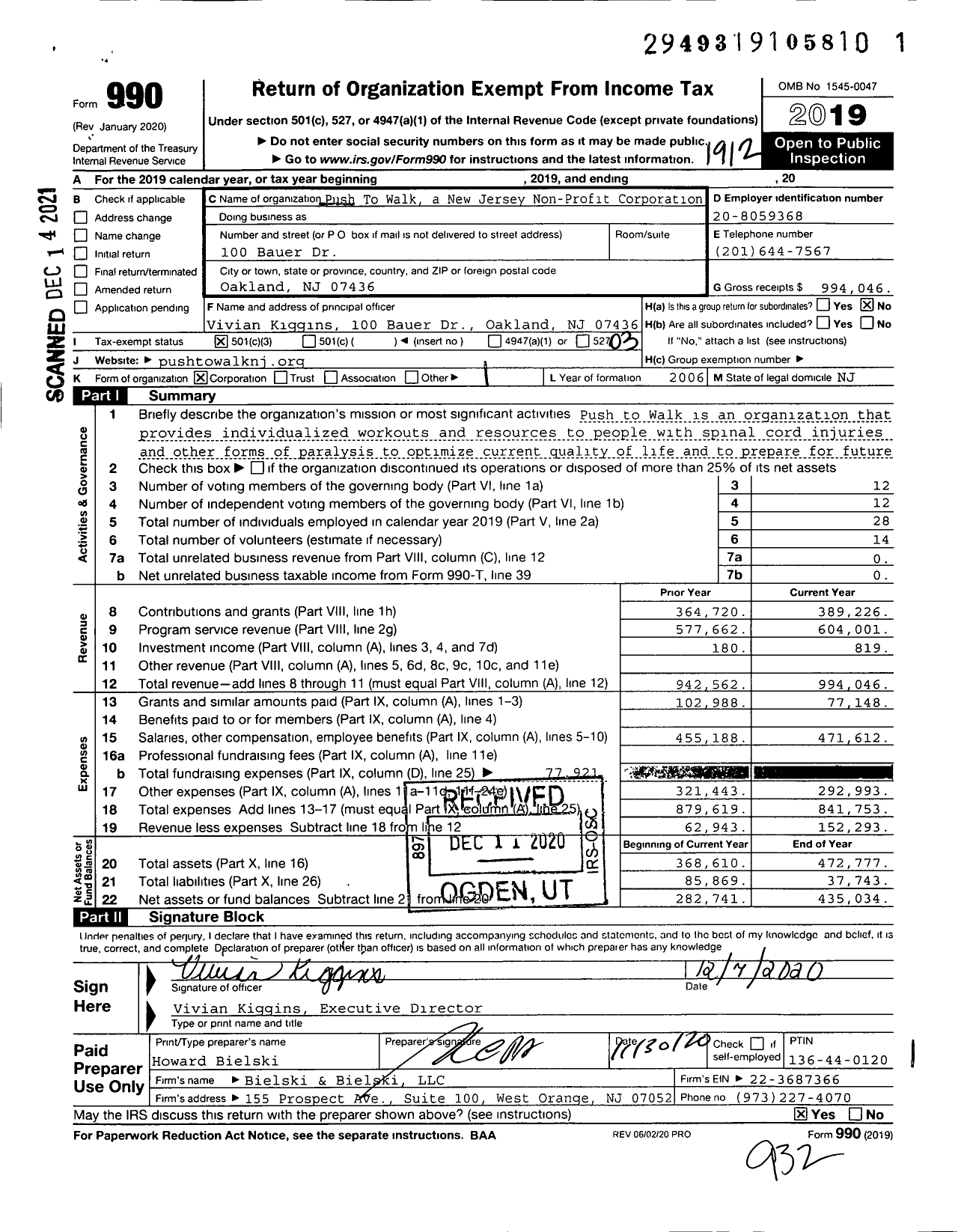 Image of first page of 2019 Form 990 for Push to Walk