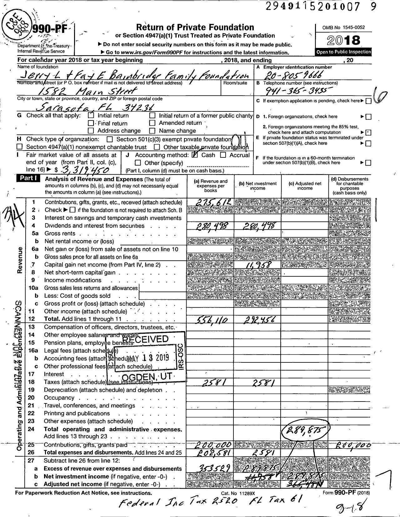 Image of first page of 2018 Form 990PF for Jerry L and Fay E Bainbridge Family Foundation