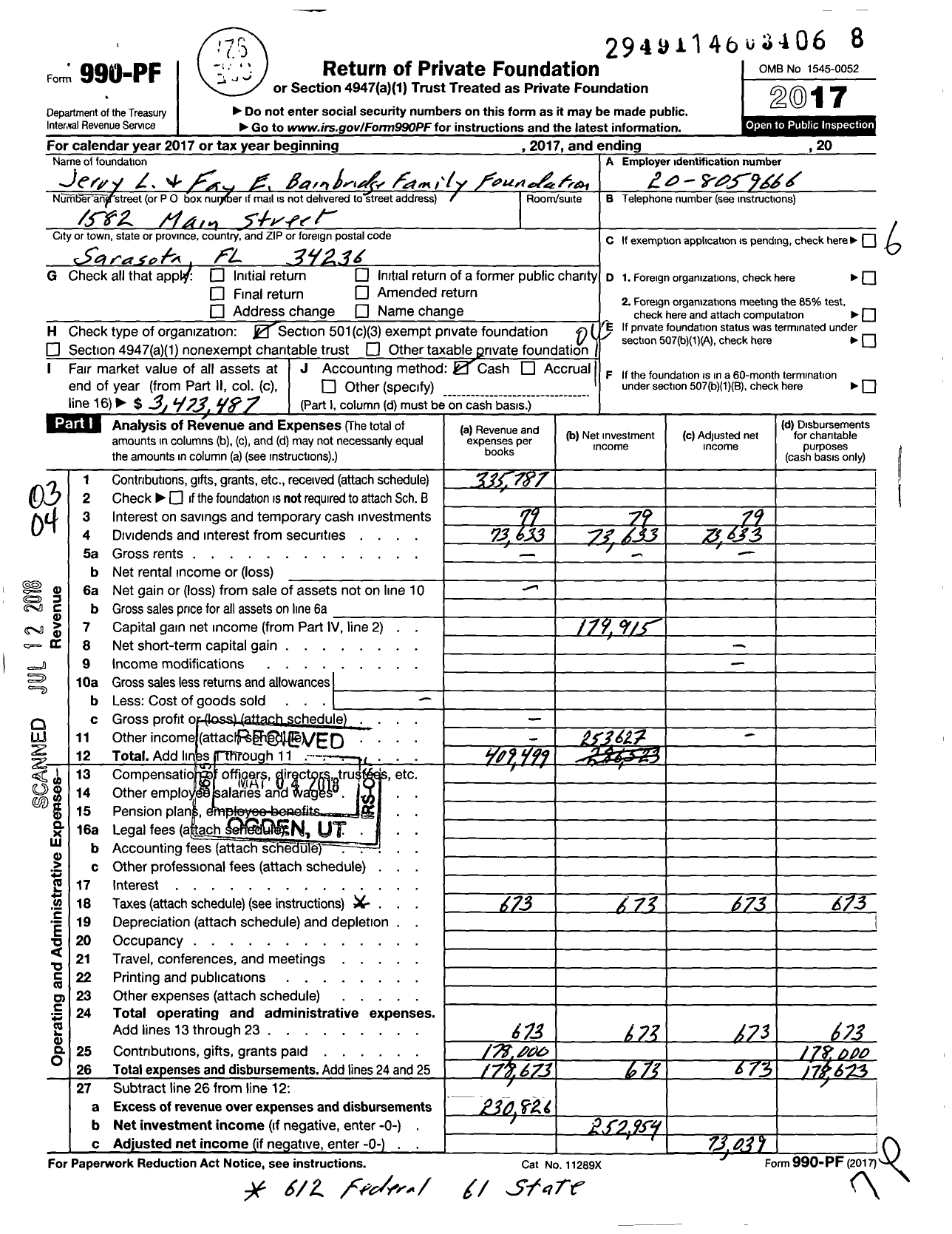 Image of first page of 2017 Form 990PF for Jerry L and Fay E Bainbridge Family Foundation